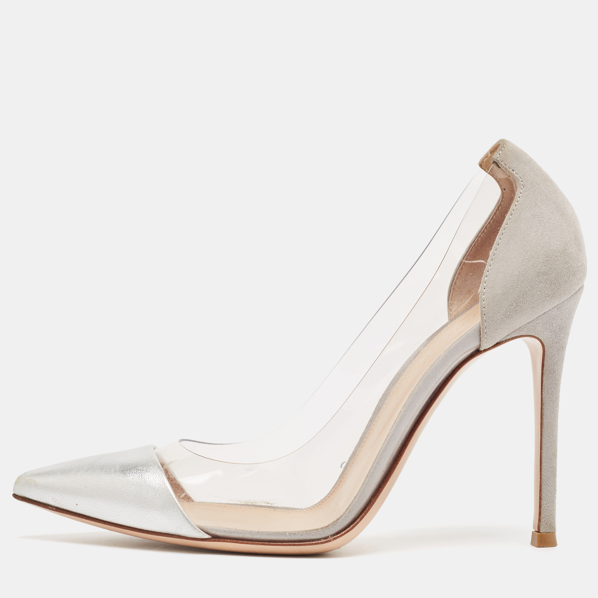 

Gianvito Rossi Silver/Grey Leather and PVC Plexi Pumps Size