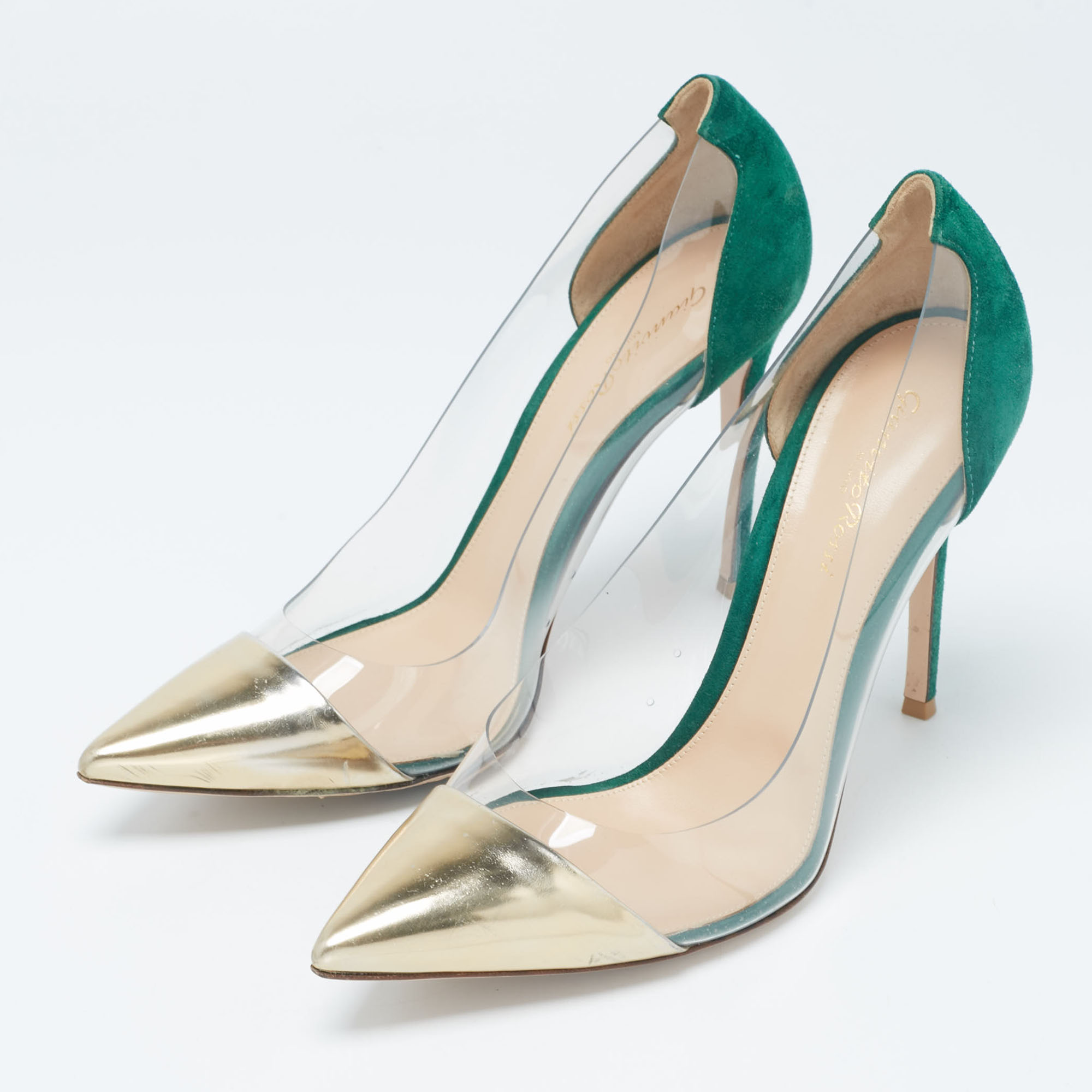Gianvito Rossi Gold/Green Leather, Suede and PVC Plexi Pumps Size 41.5 