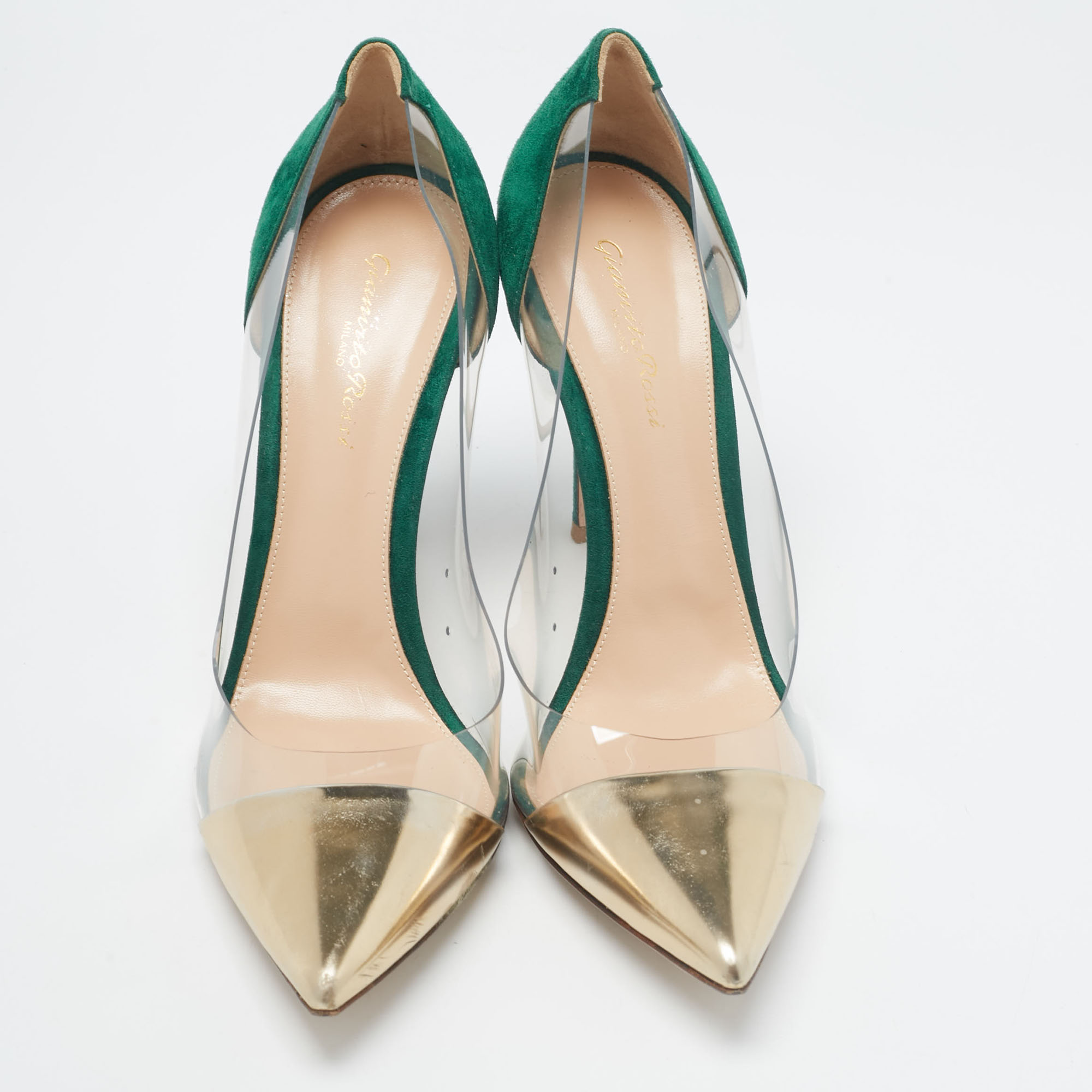 Gianvito Rossi Gold/Green Leather, Suede and PVC Plexi Pumps Size 41.5 