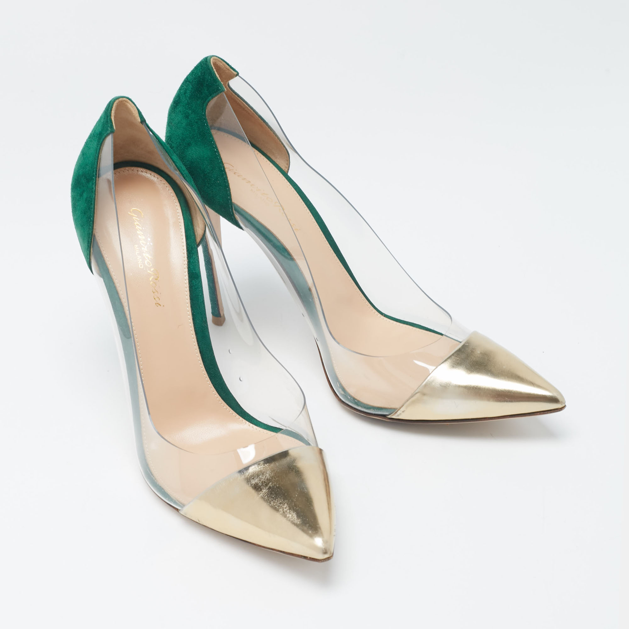 Gianvito Rossi Gold/Green Leather, Suede and PVC Plexi Pumps Size 41.5 