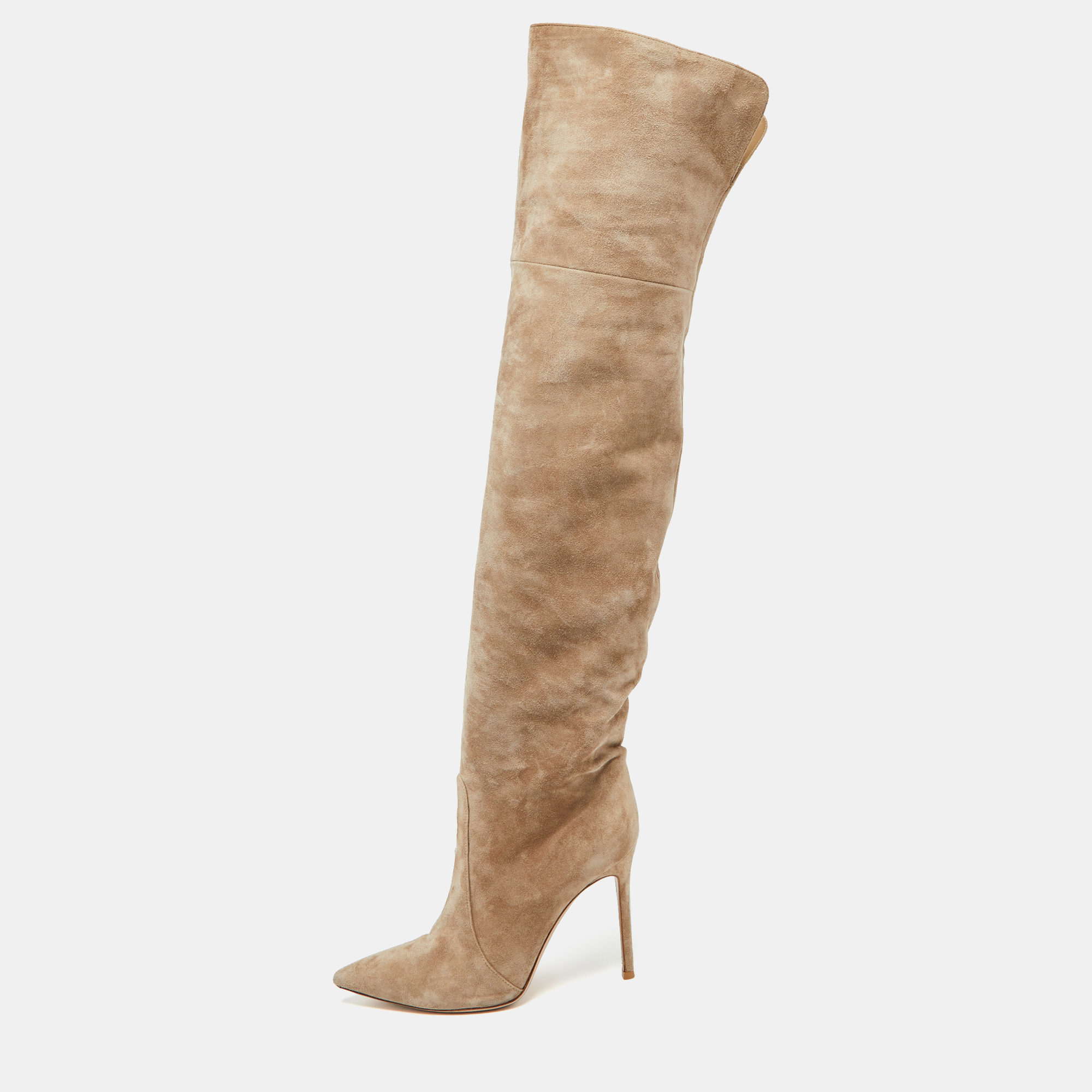 Pre-owned Gianvito Rossi Beige Suede Pointed Toe Over The Knee Boots Size 39.5