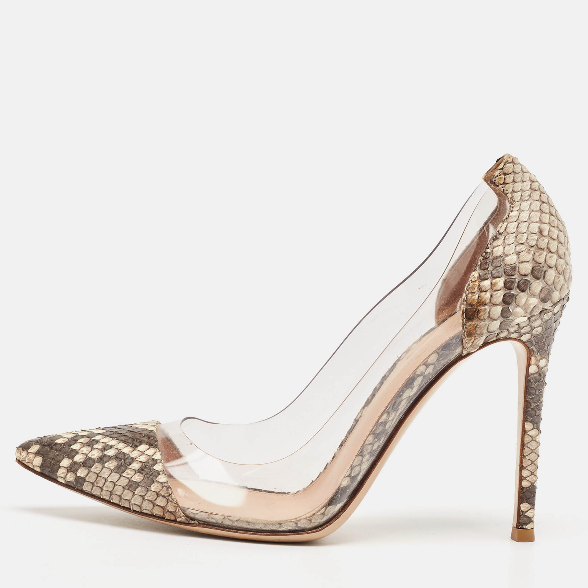 Pre-owned Gianvito Rossi Brown/beige Python And Pvc Plexi Pumps Size 38