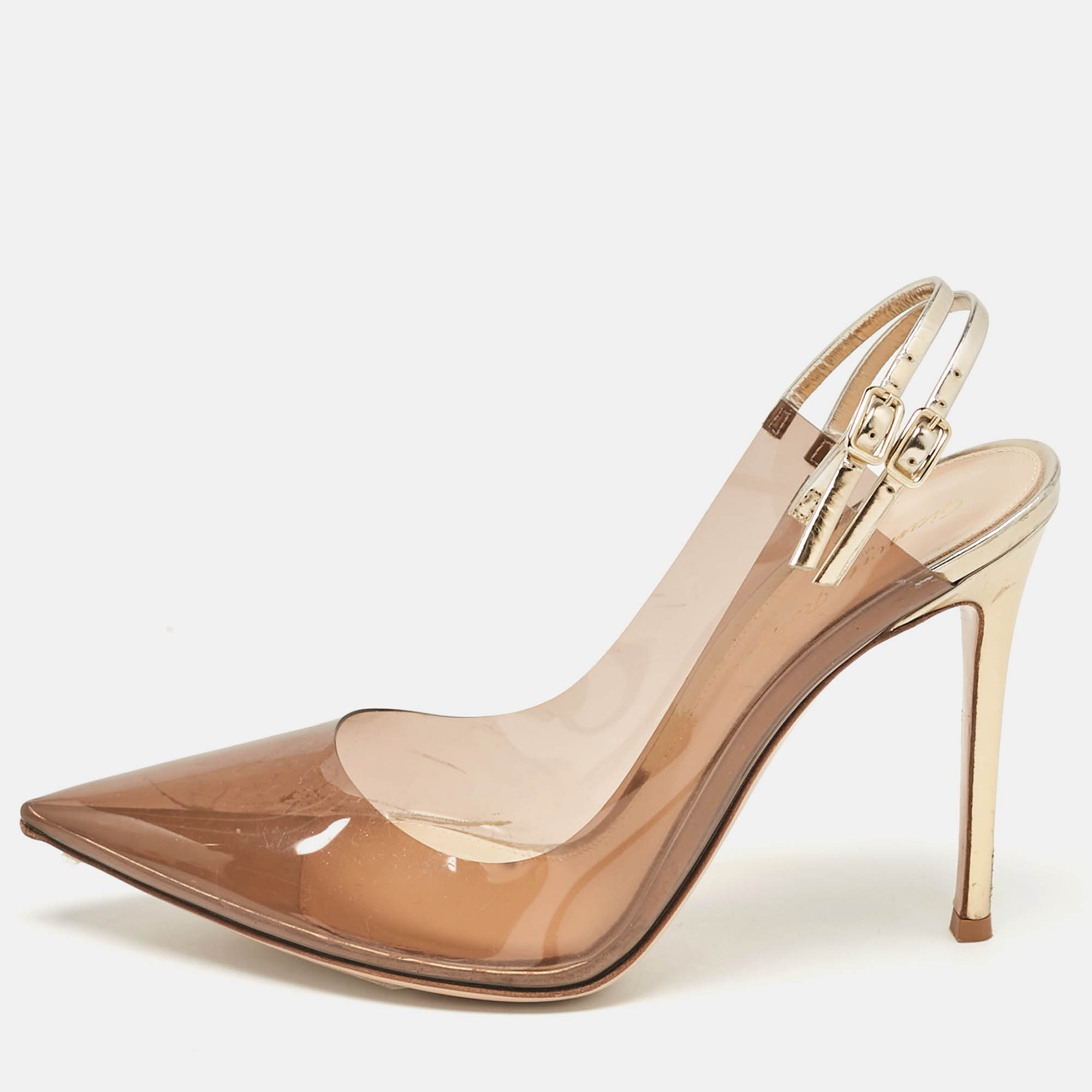 

Gianvito Rossi Brown/Gold Leather and PVC Pointed Toe Pumps Size