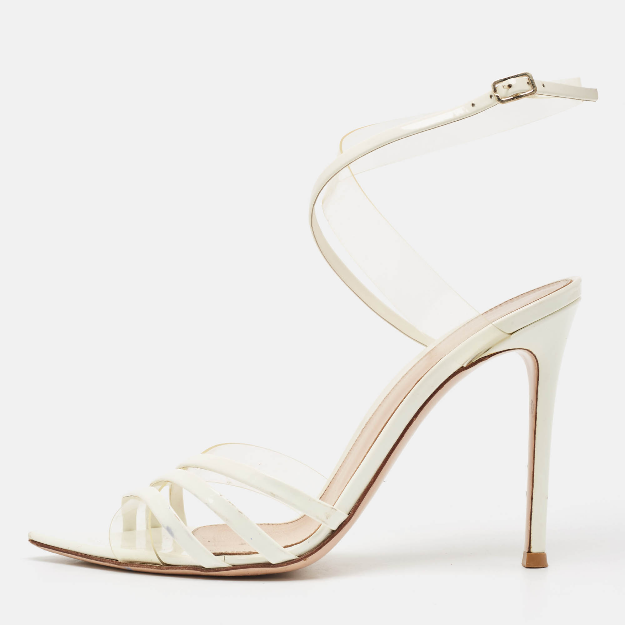 

Gianvito Rossi Off White Patent Leather and PVC Strappy Sandals Size