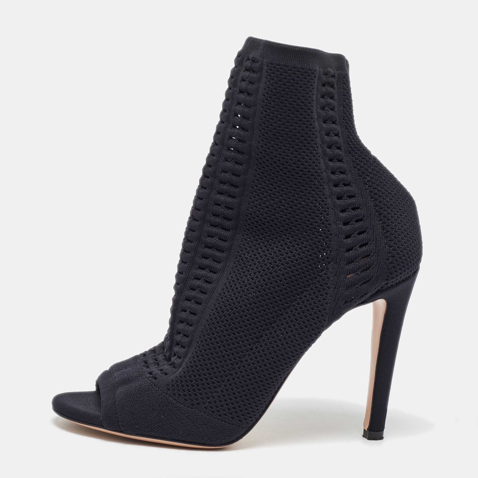 

Gianvito Rossi Black Knit Fabric Vires Open Toe Ankle Booties Size