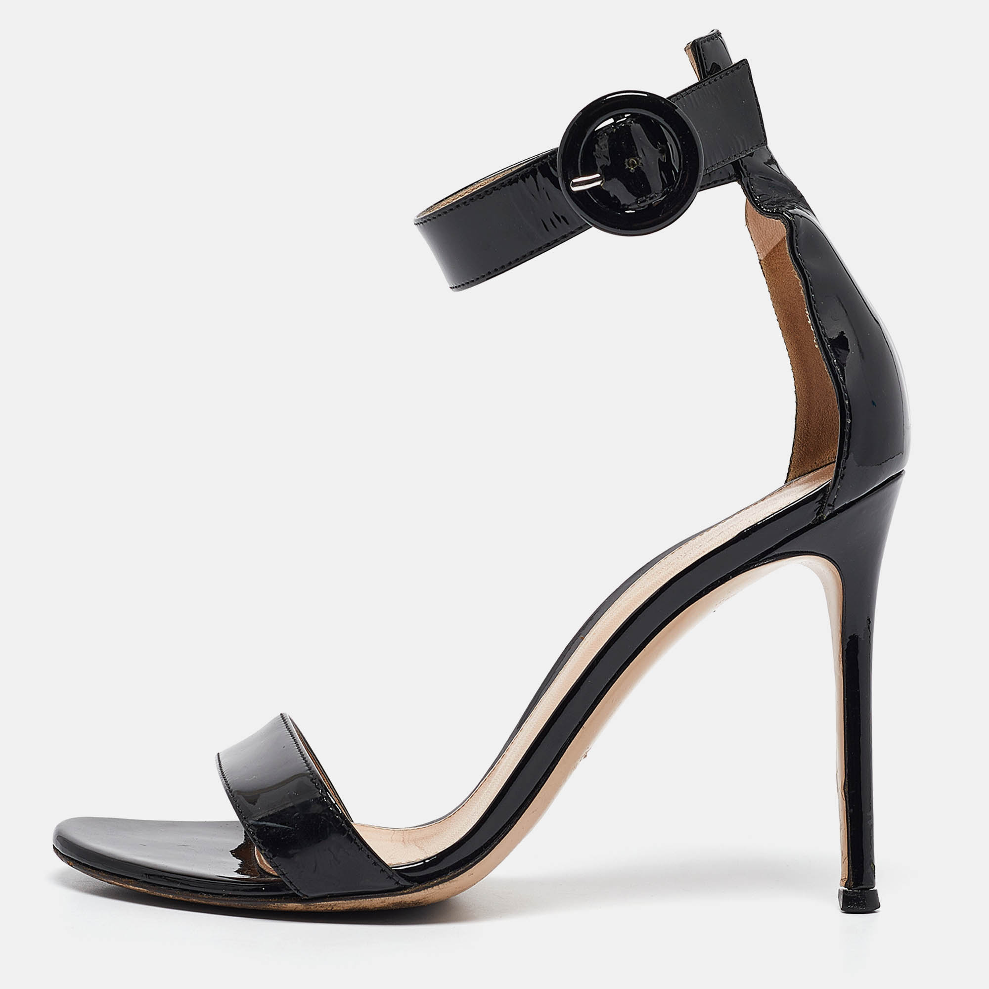 

Gianvito Rossi Black Patent Leather Portofino Ankle Strap Sandals Size