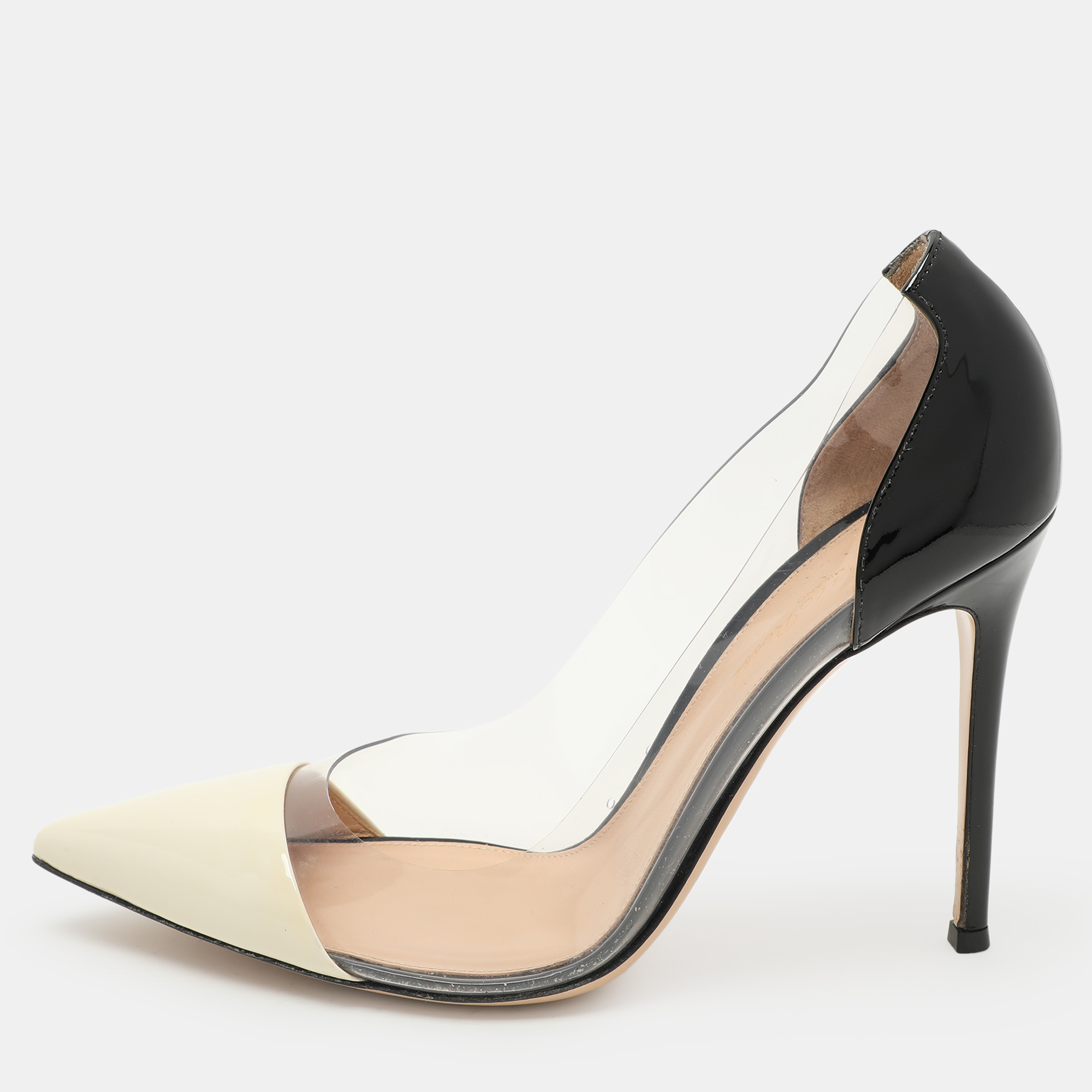 

Gianvito Rossi Cream/Black Patent Leather and PVC Plexi Pumps Size