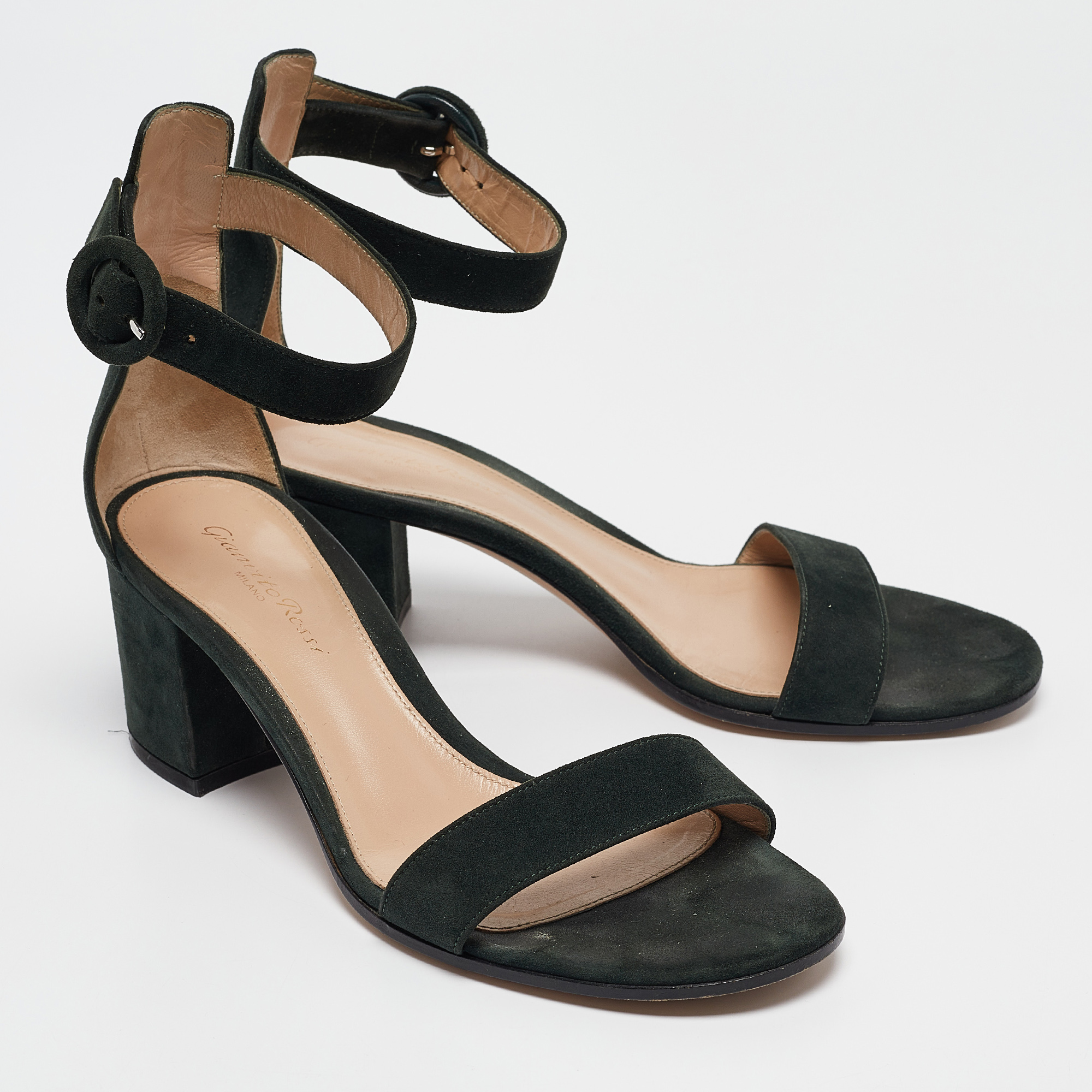 Gianvito Rossi Dark Green Suede Versilia Sandals Size 38 
