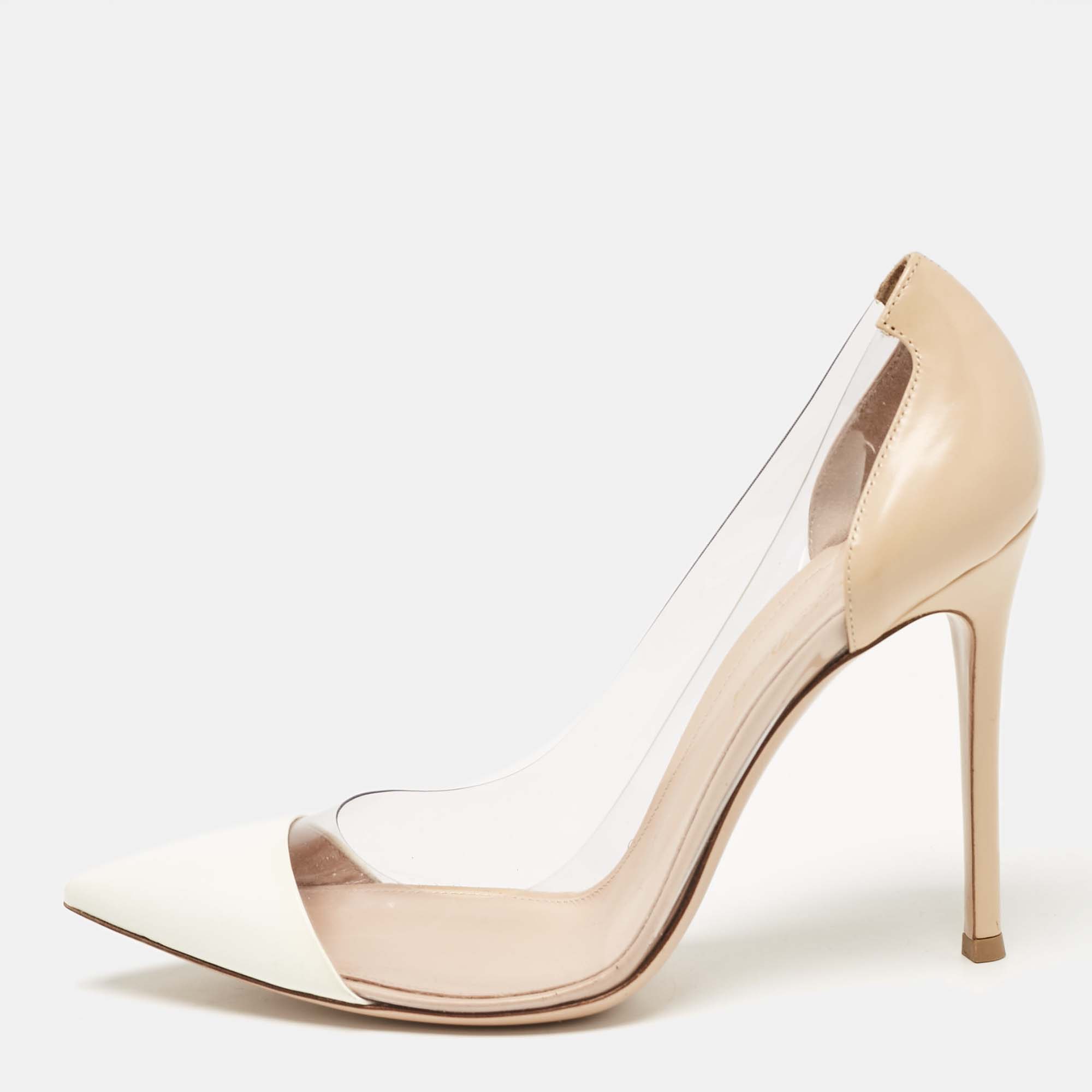 

Gianvito Rossi White/Beige Leather and PVC Plexi Pumps Size