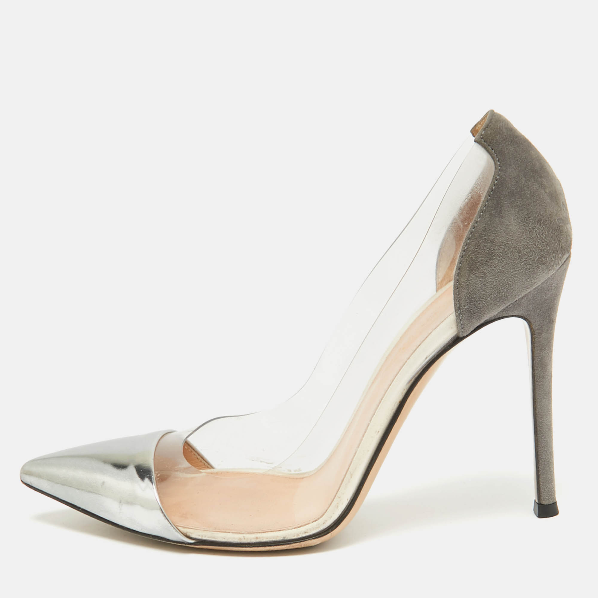 

Gianvito Rossi Metallic/Grey Leather, Suede and PVC Plexi Pumps Size