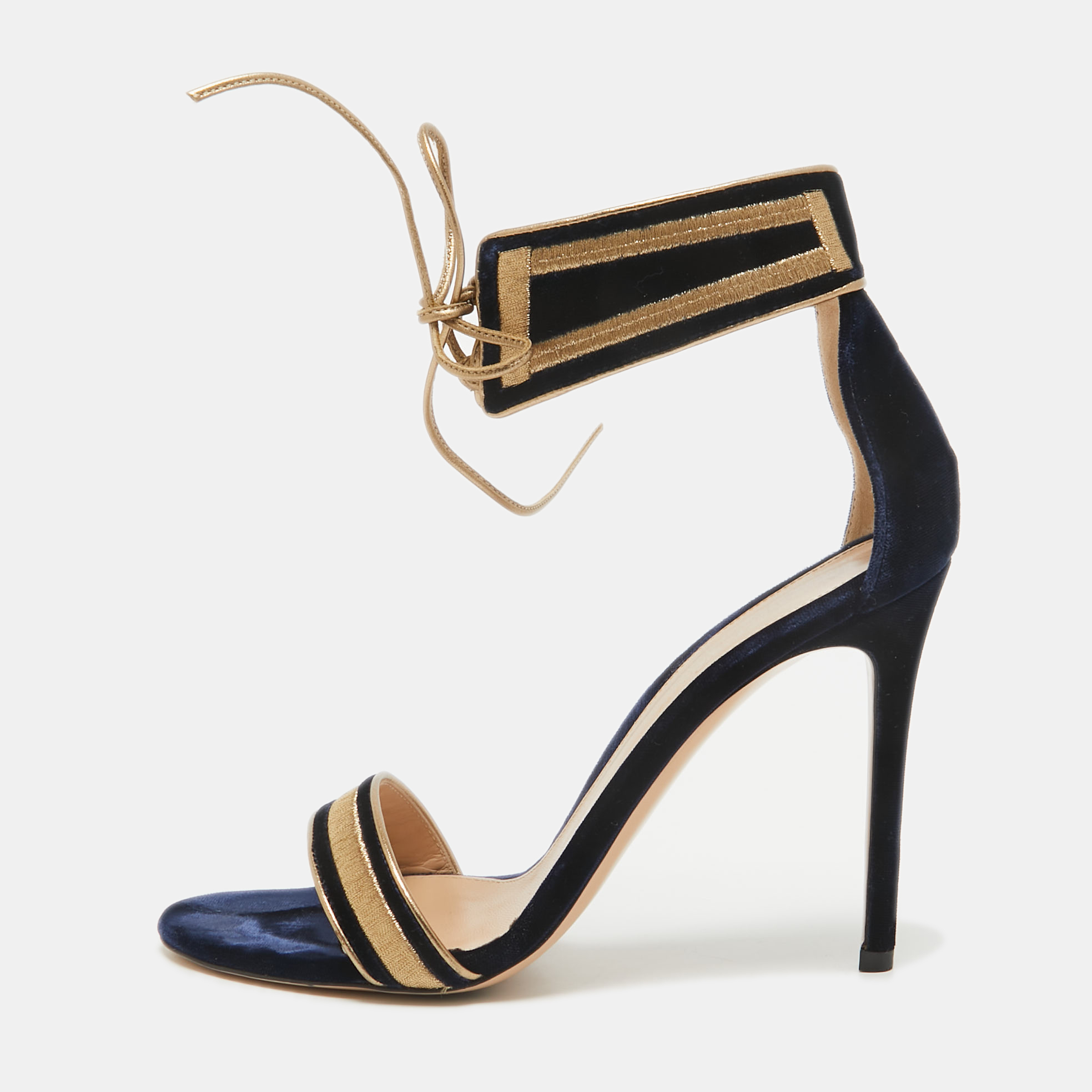 

Gianvito Rossi Navy Blue/Gold Velvet Augusta Ankle Cuff Sandals Size