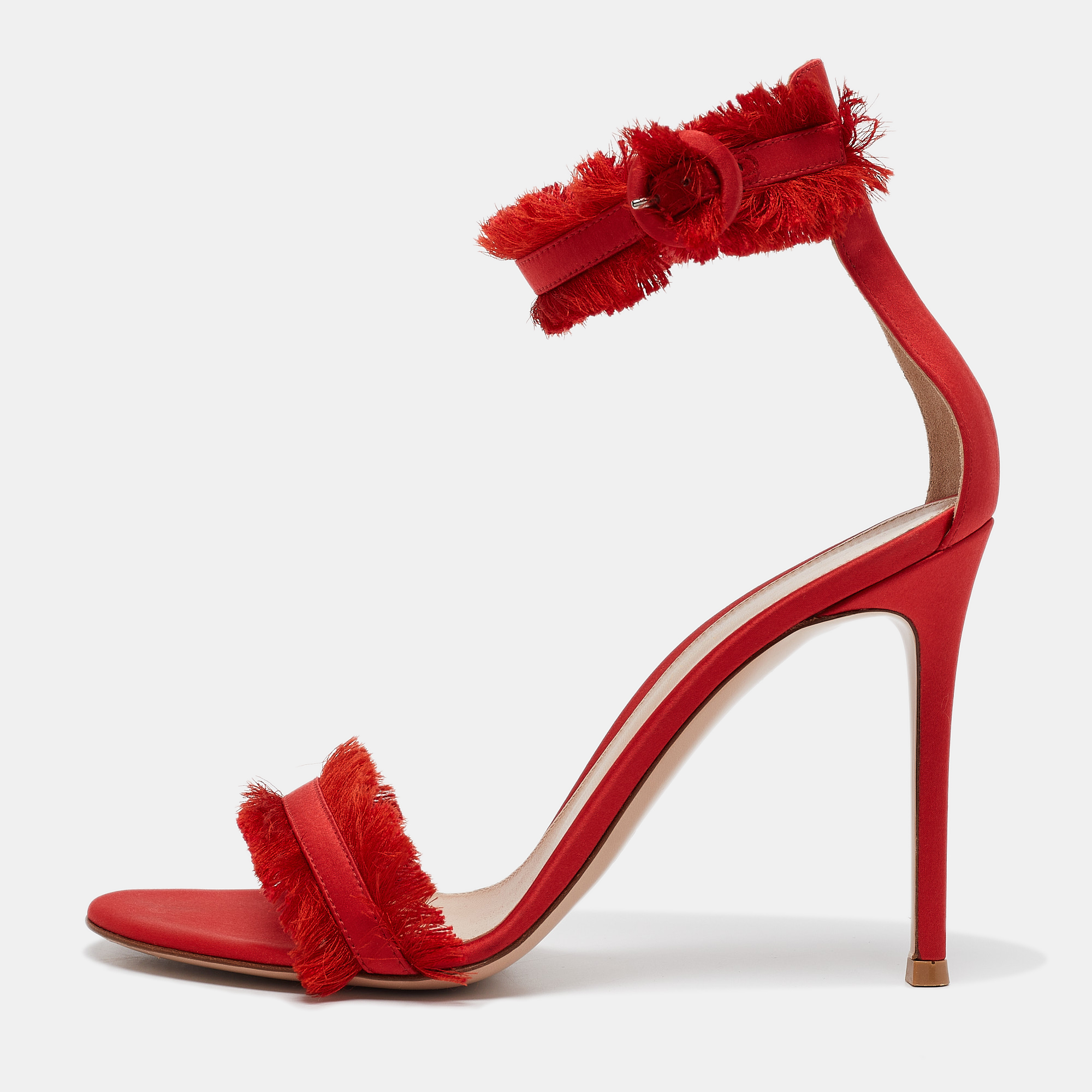 

Gianvito Rossi Red Satin Frayed Caribe Ankle Strap Sandals Size