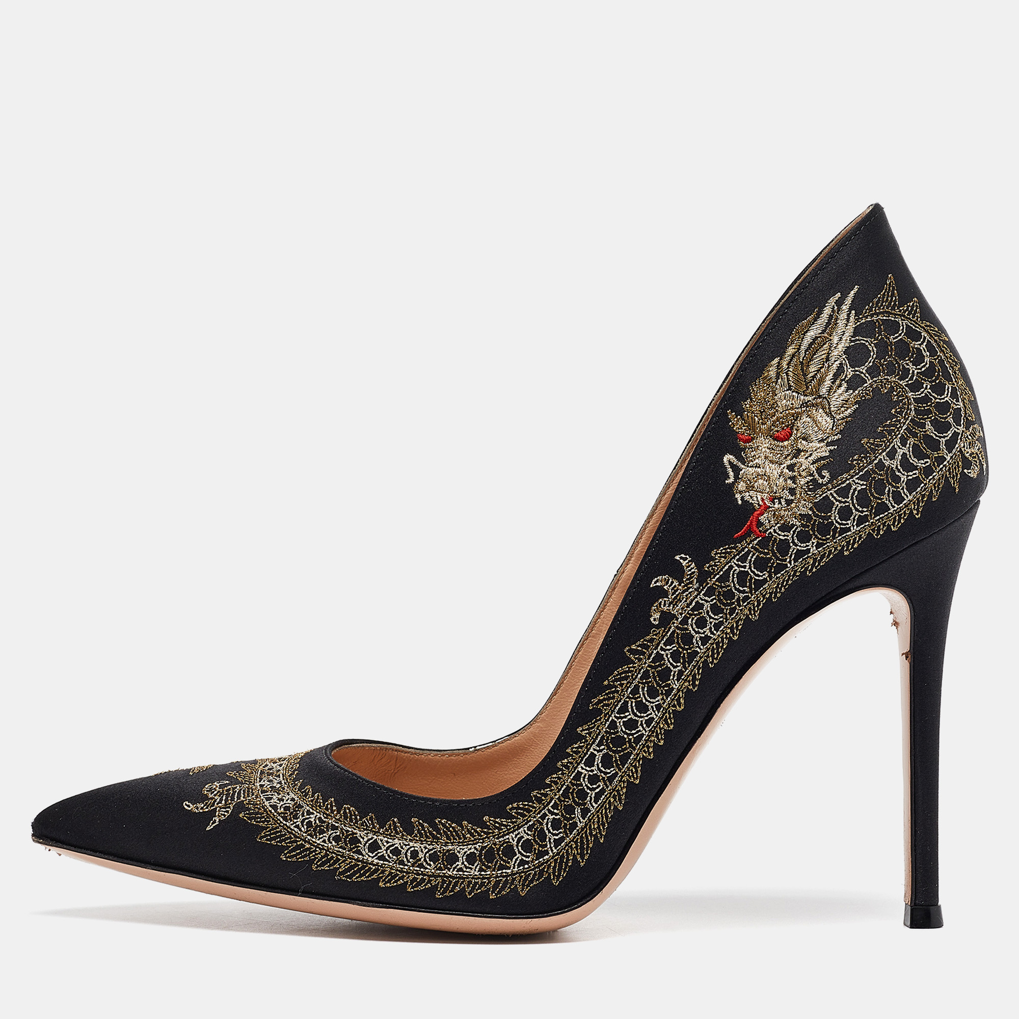 

Gianvito Rossi Black Satin Dragon 100 Embroidered Pumps Size