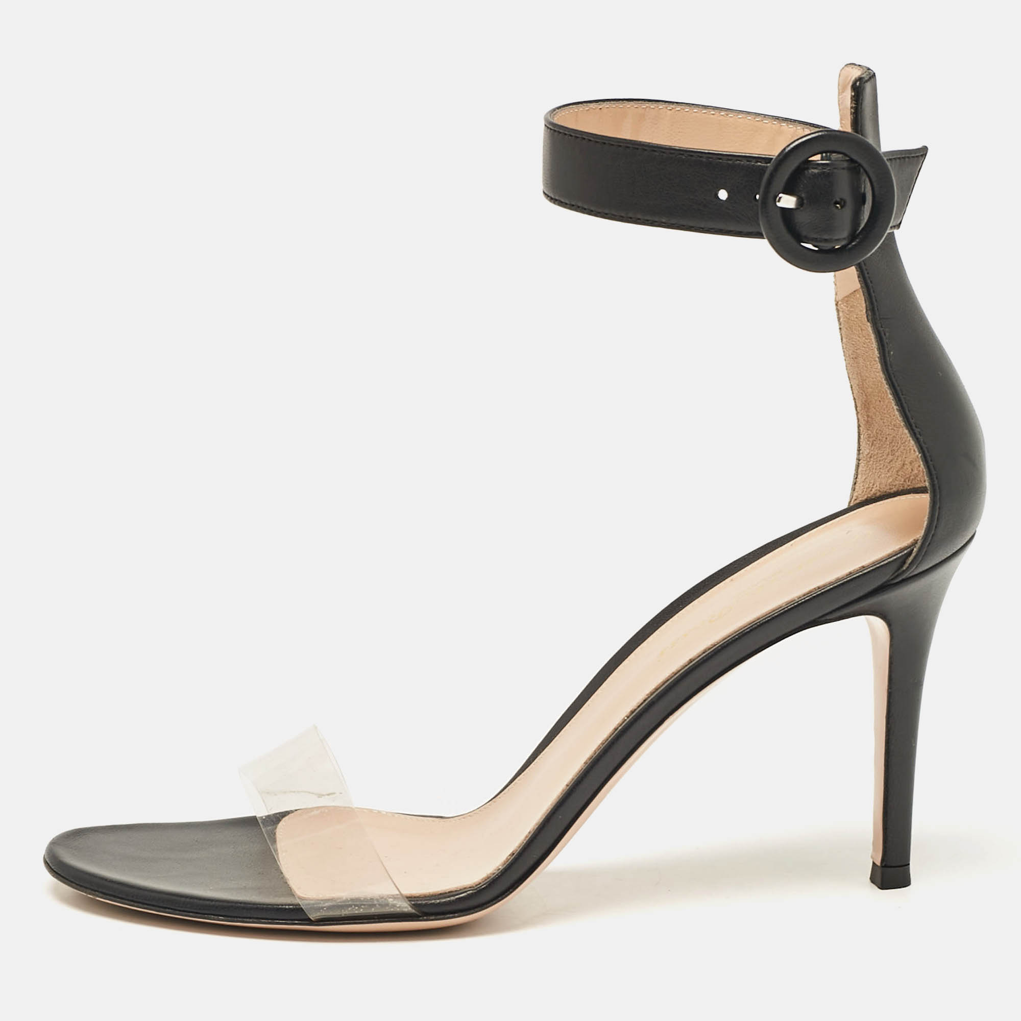 

Gianvito Rossi Black Leather and PVC Stella Ankle Strap Sandals Size