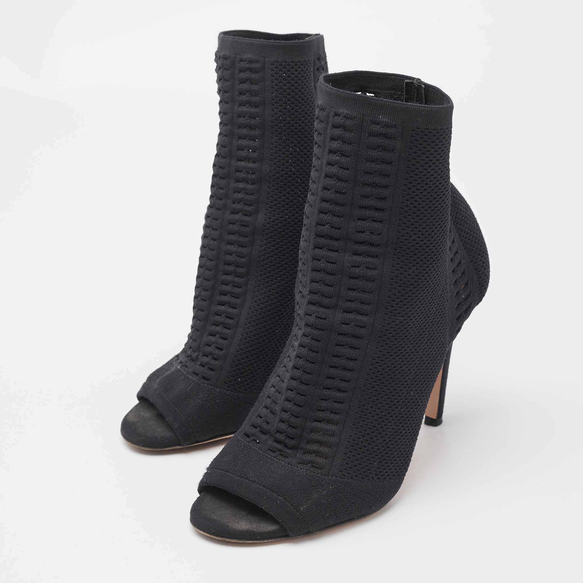 Gianvito Rossi Black Stretch Knit Vires Open Toe Ankle Length Boots Size 36.5 