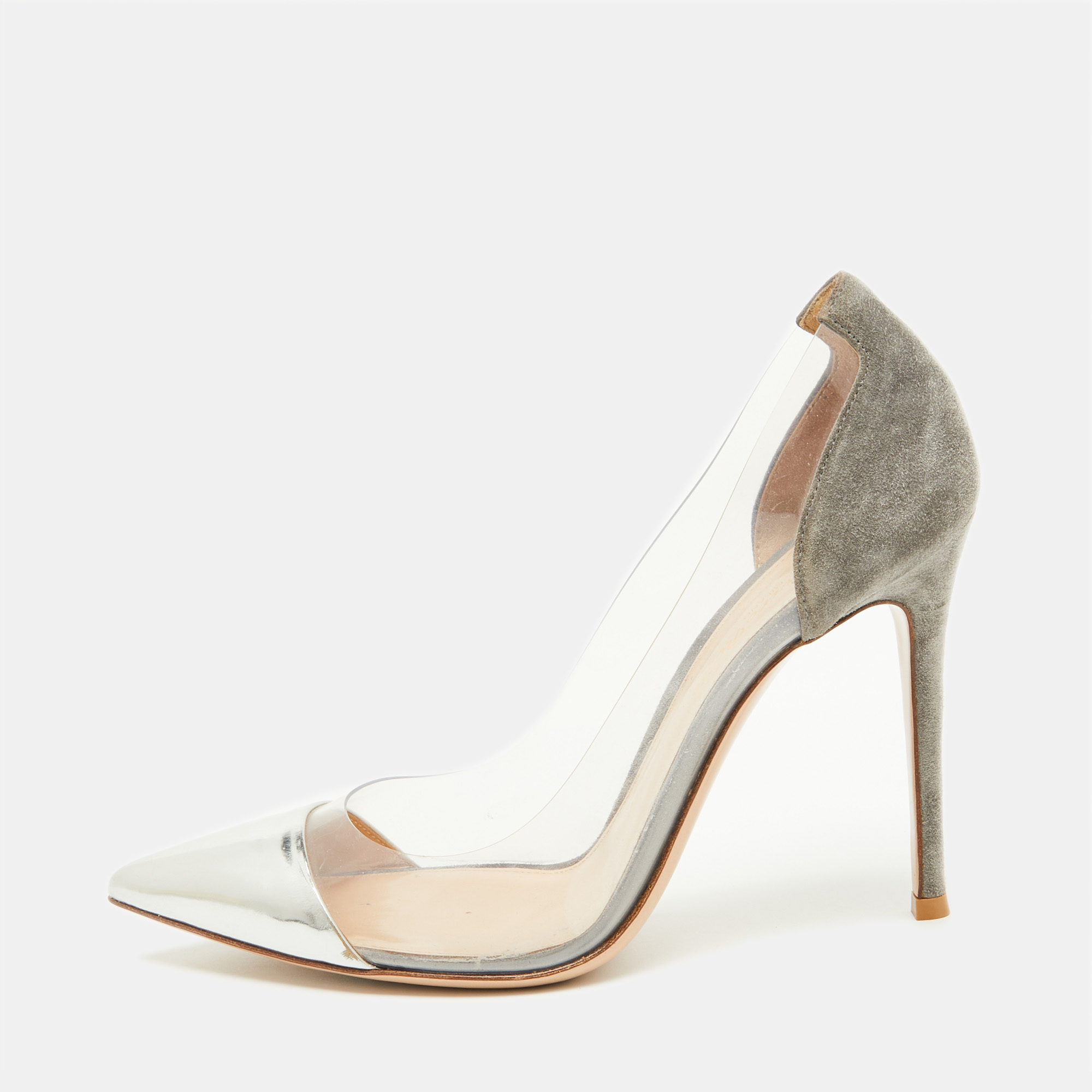 

Gianvito Rossi Grey/Silver Suede and PVC Plexi Pointed Toe Pumps Size