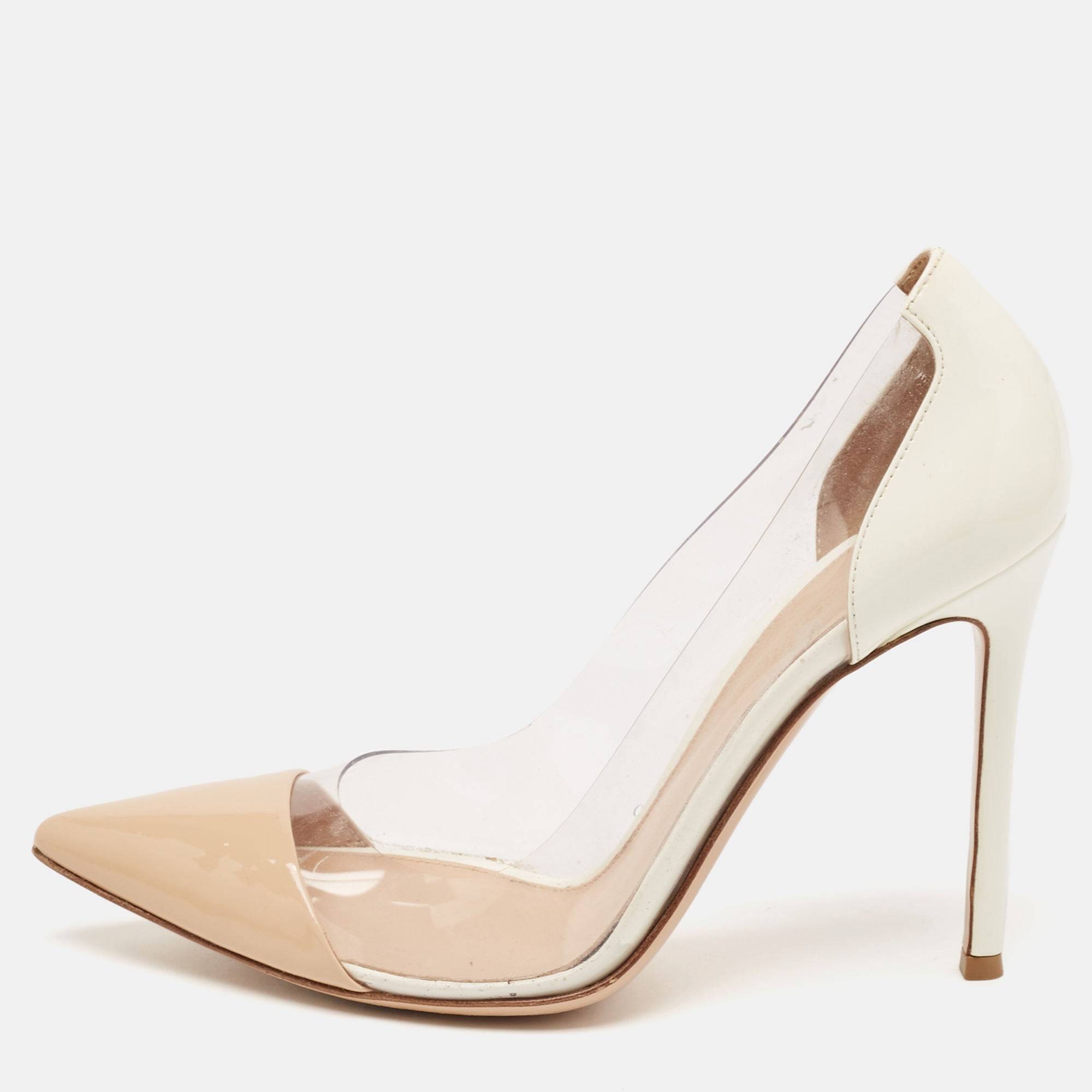 

Gianvito Rossi Beige/White Patent Leather And PVC Plexi Pointed Toe Pumps Size