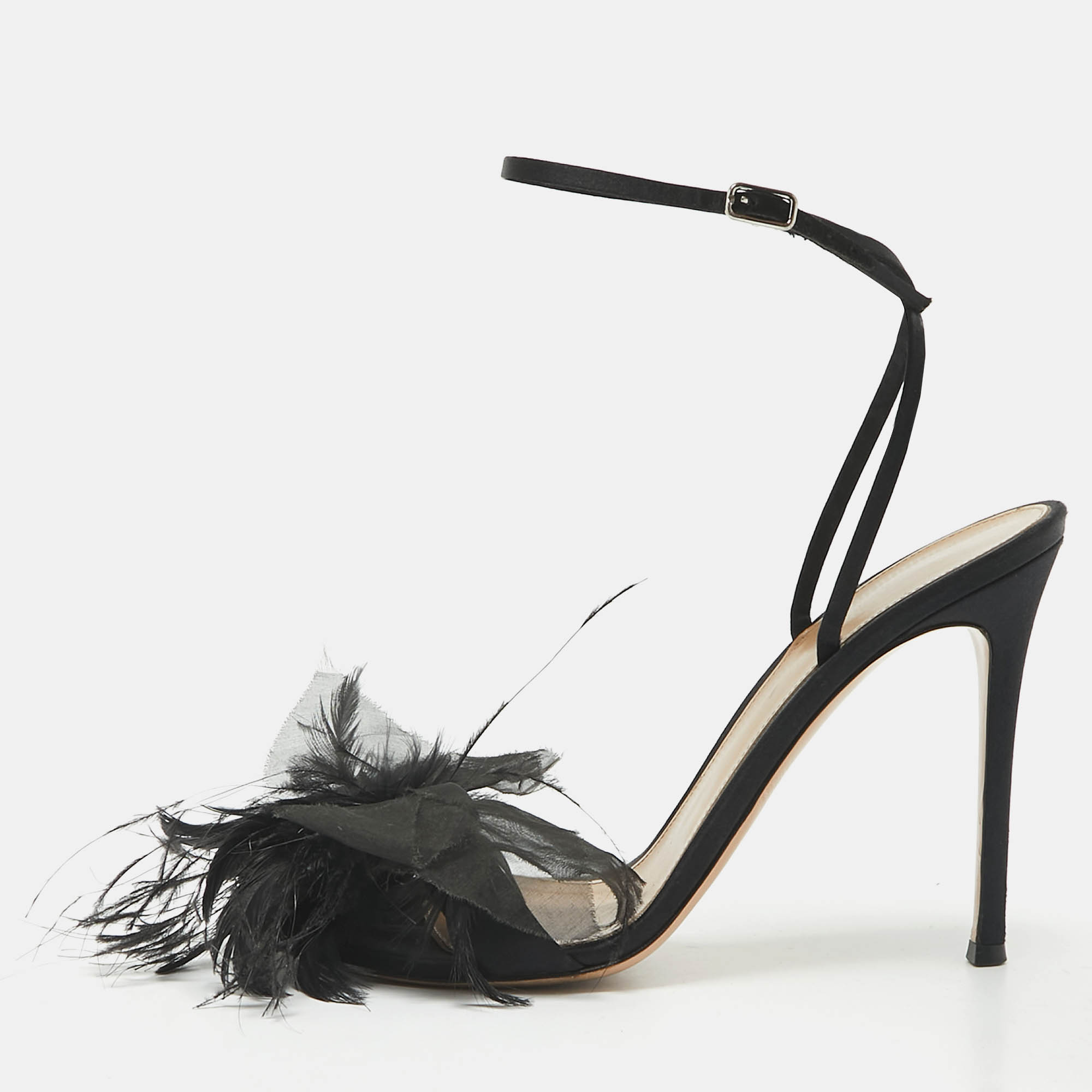 

Gianvito Rossi Black Satin and Feather Flower Ankle Strap Sandals Size