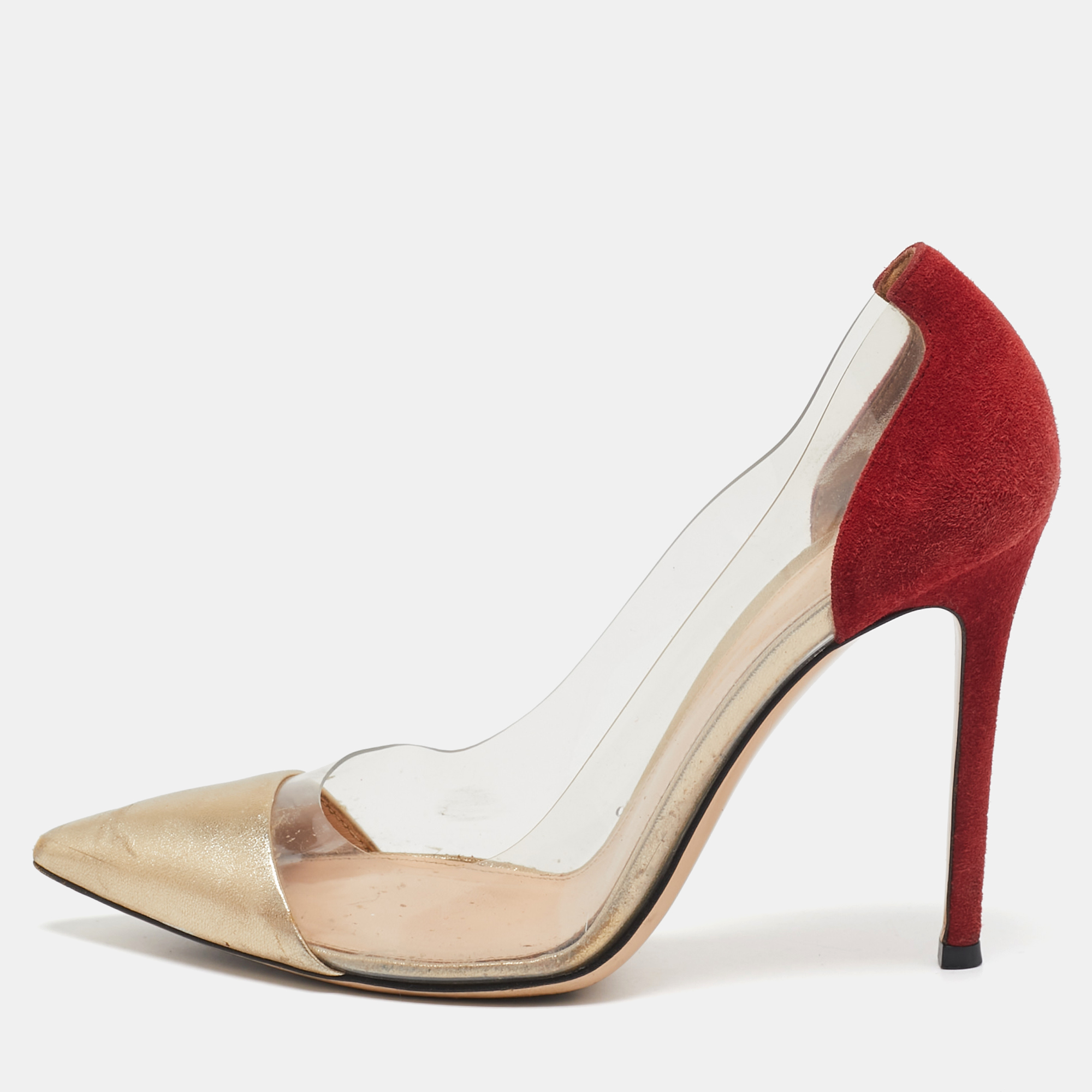 

Gianvito Rossi Red/Gold PVC and Suede Plexi Pumps Size