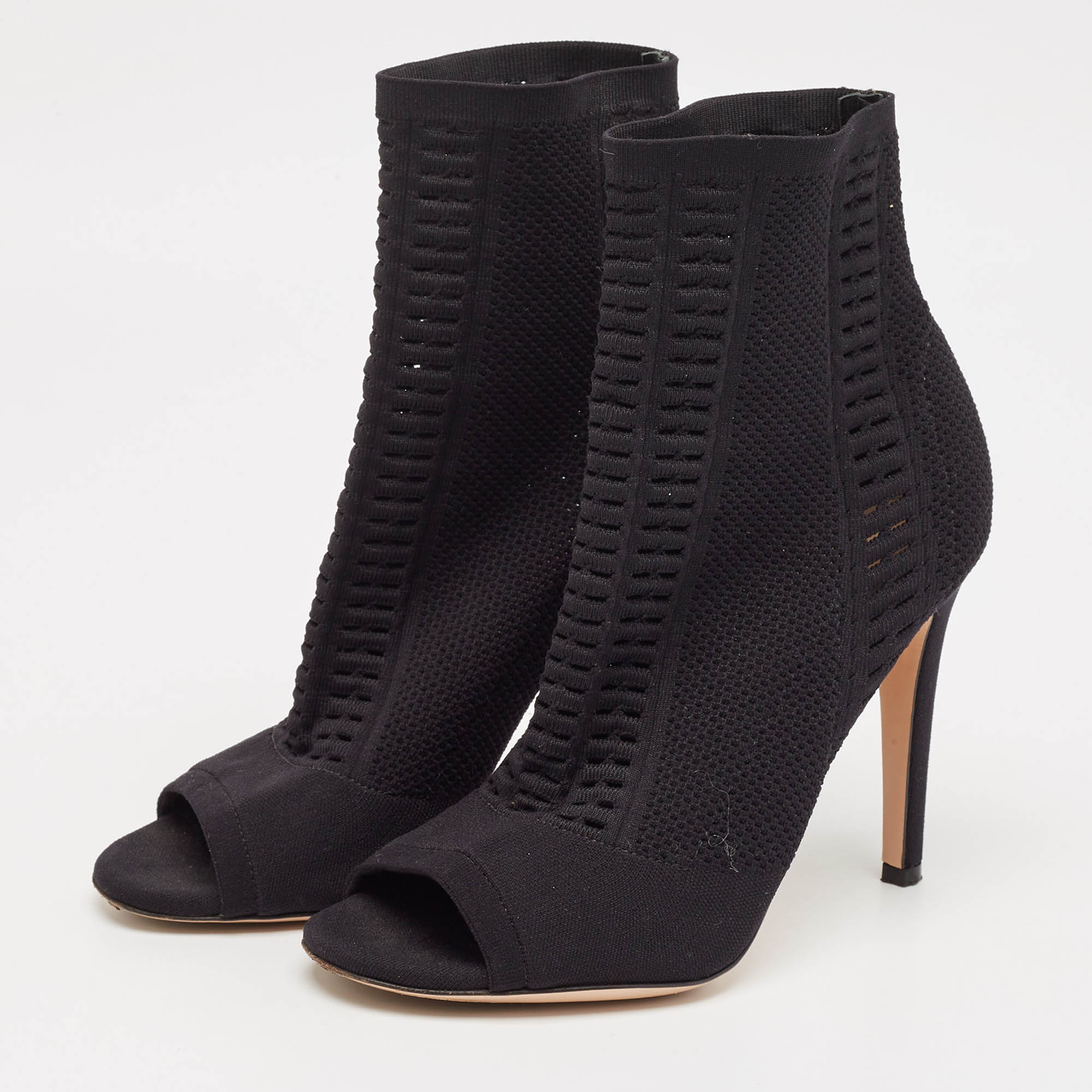 Gianvito Rossi Black Stretch Knit Vires Open Toe Ankle Length Boots Size 37 