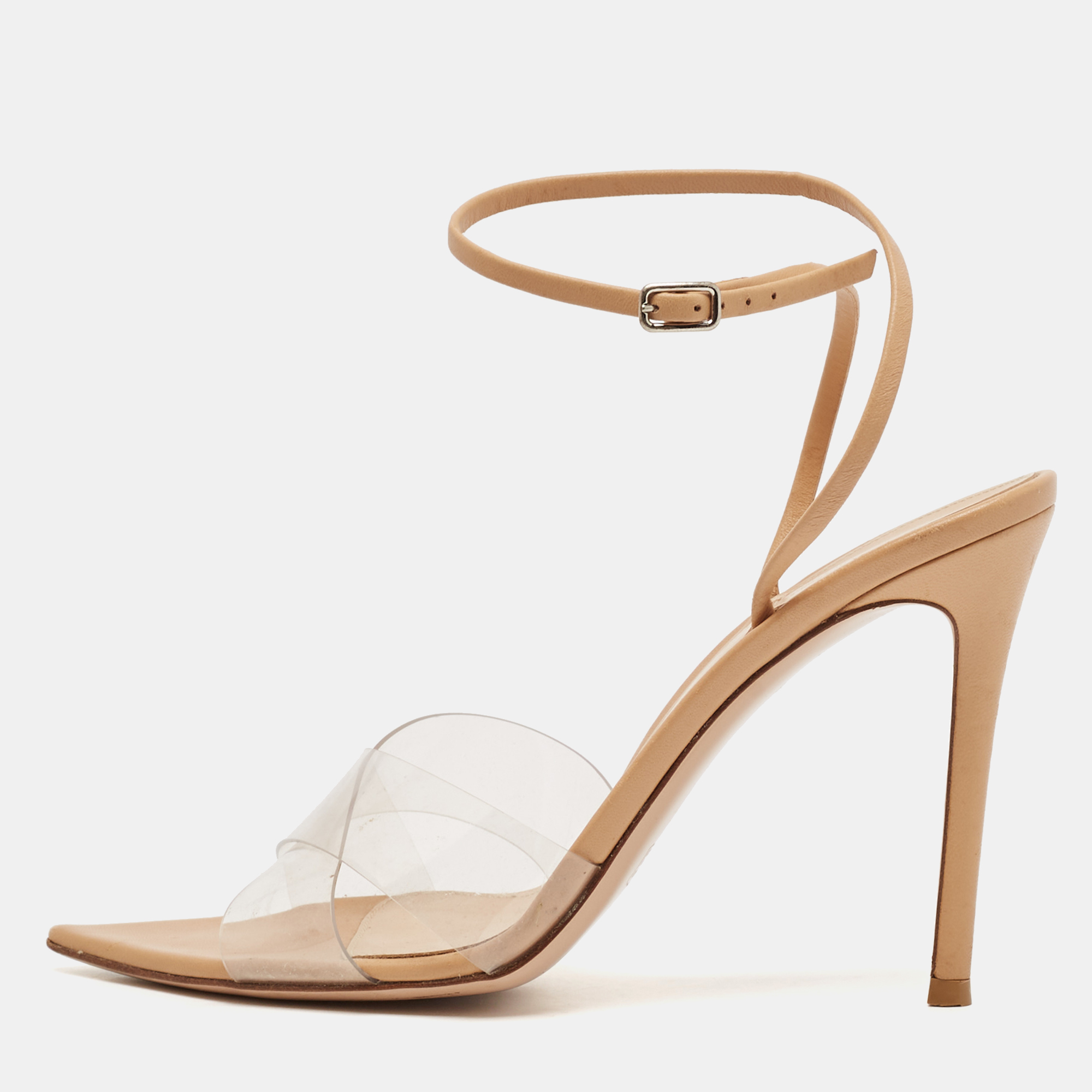 

Gianvito Rossi Beige Leather And PVC Plexi Stark Ankle Strap Sandals Size