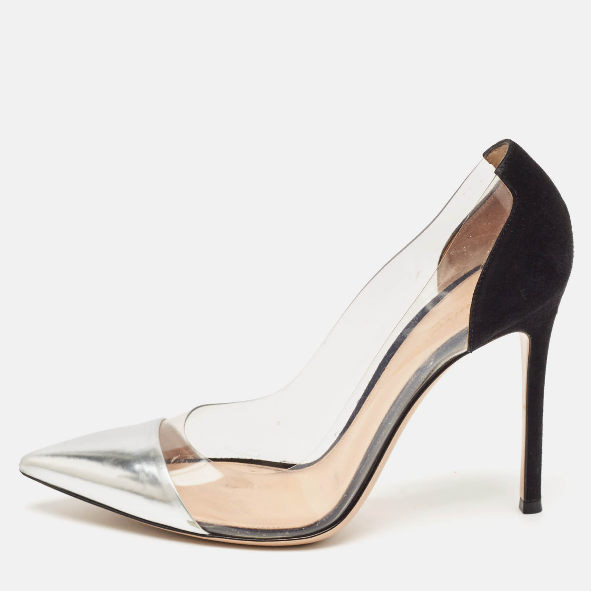 

Gianvito Rossi Silver/Black Leather and PVC Plexi Pointed Toe Pumps Size