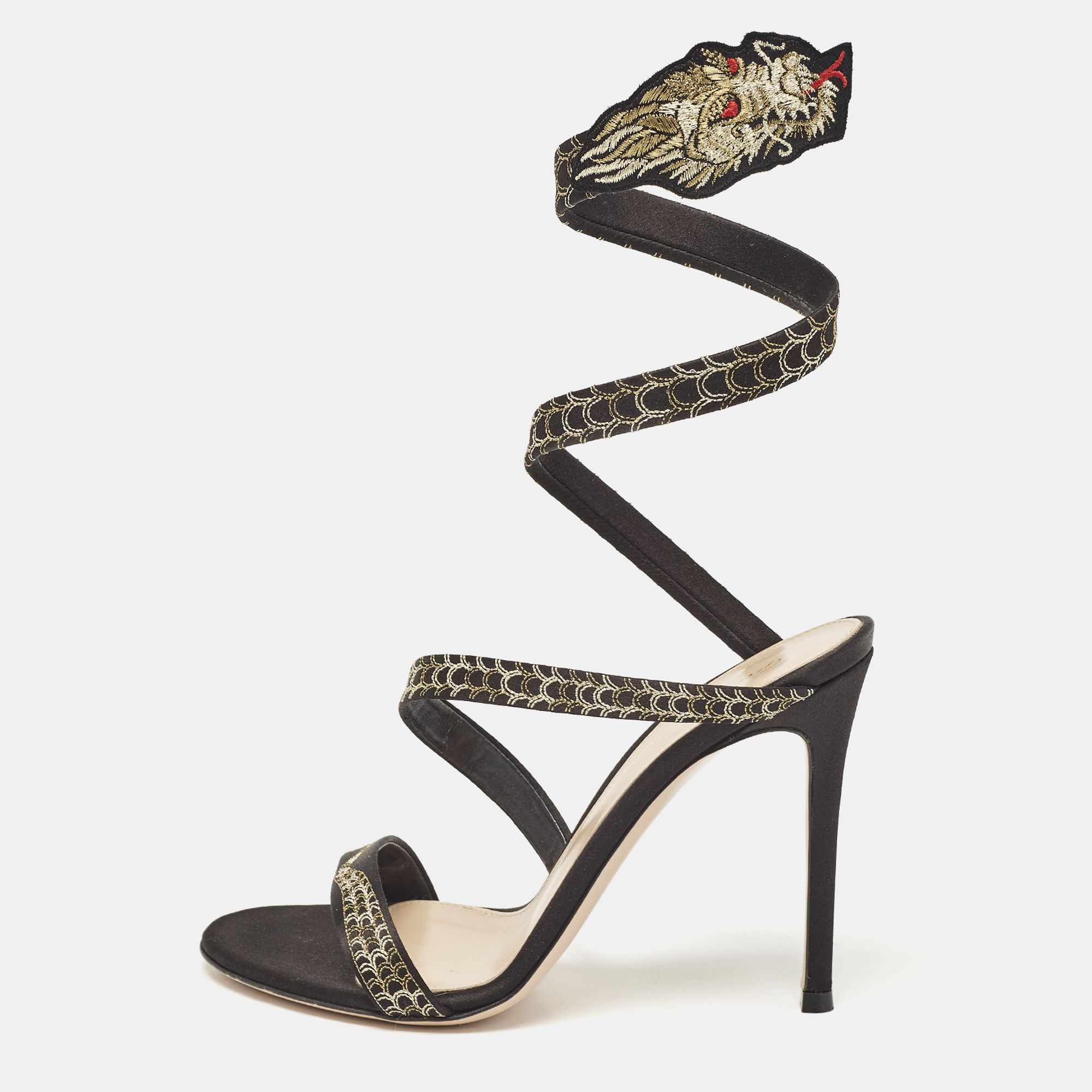 

Gianvito Rossi Black Satin Dragon Embroidered Opera Sandals Size