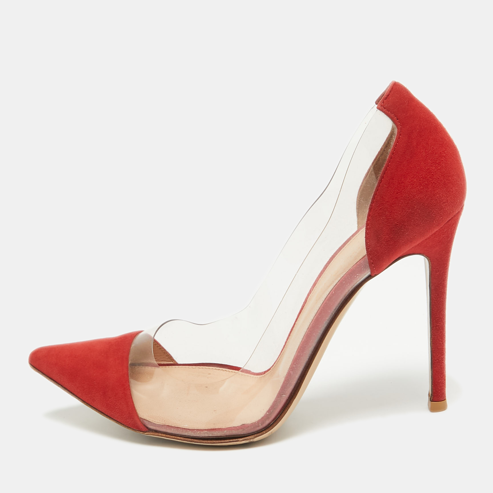 

Gianvito Rossi Transparent/Red Suede and PVC Plexi Pointed Toe Pumps Size