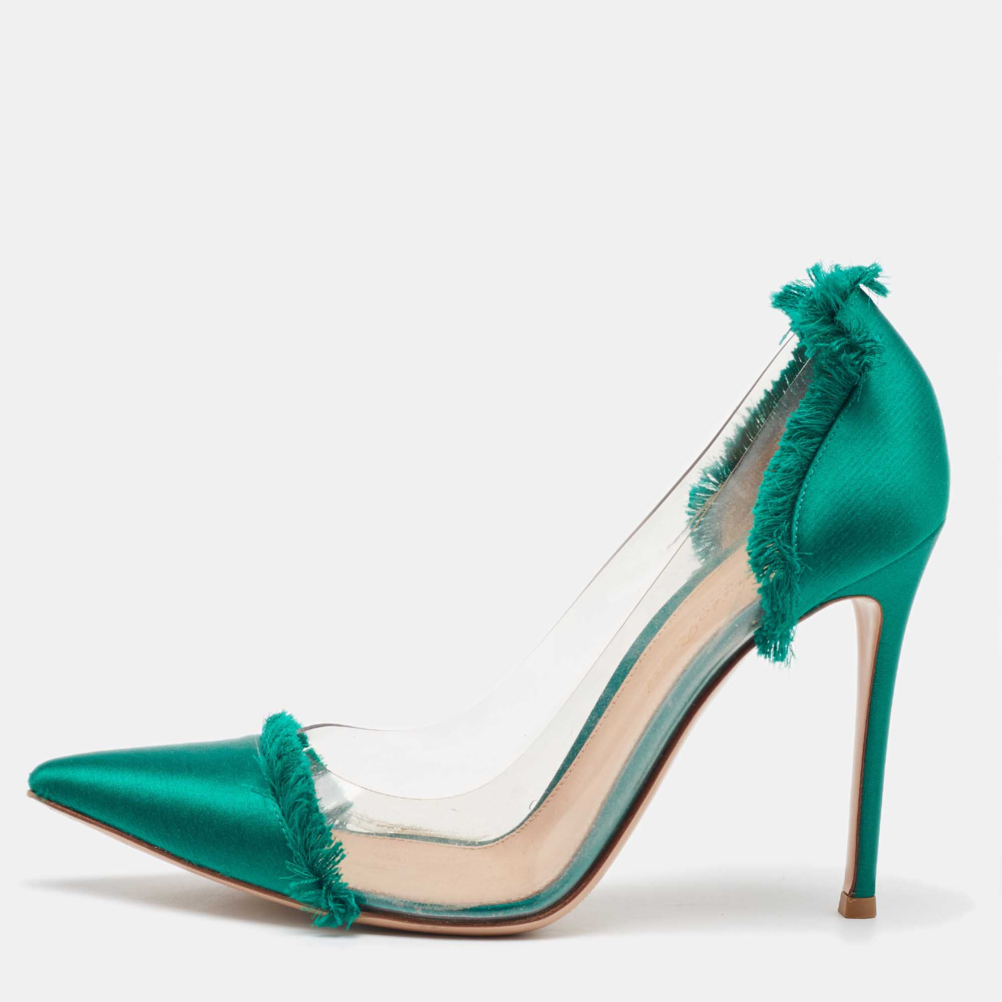 

Gianvito Rossi Green/Transparent PVC and Satin Plexi Pointed Toe Pumps Size