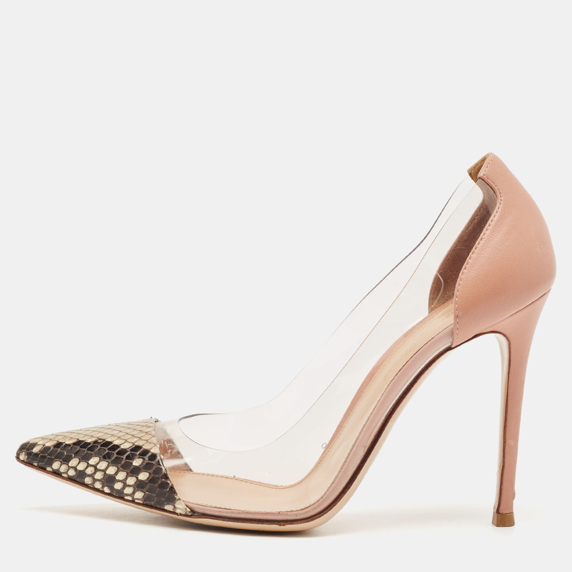 

Gianvito Rossi Multicolor Python, Leather and PVC Plexi Pointed Toe Pumps Size