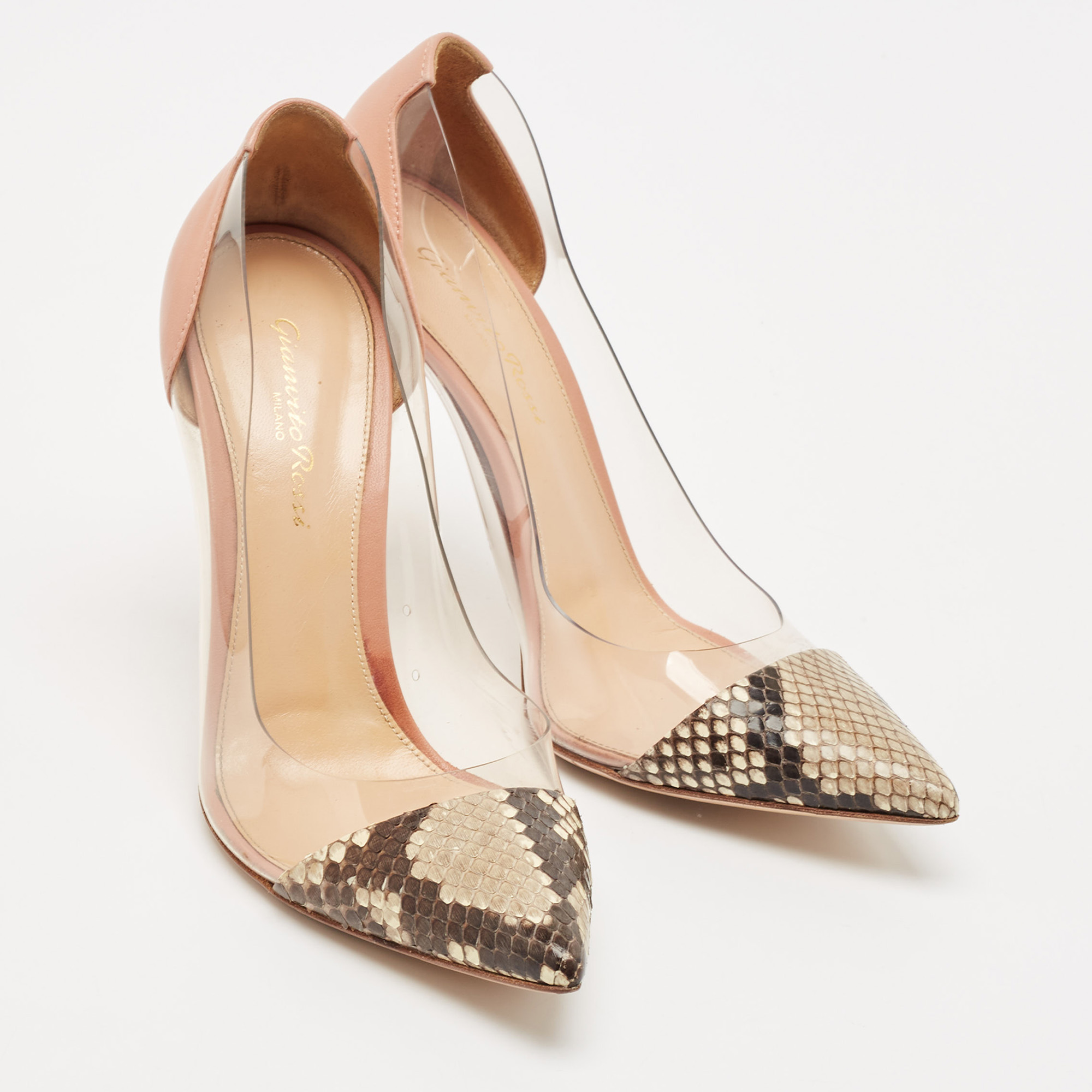 Gianvito Rossi Multicolor Python, Leather and PVC Plexi Pointed Toe Pumps Size 38 