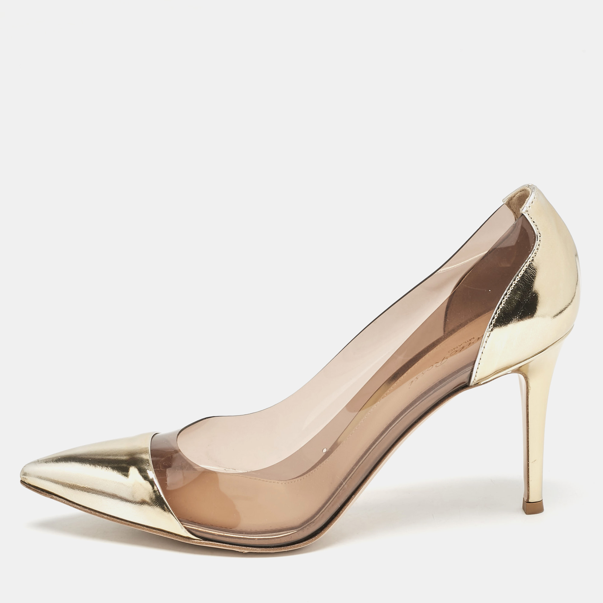 

Gianvito Rossi Gold/Brown Leather and PVC Plexi Pumps Size
