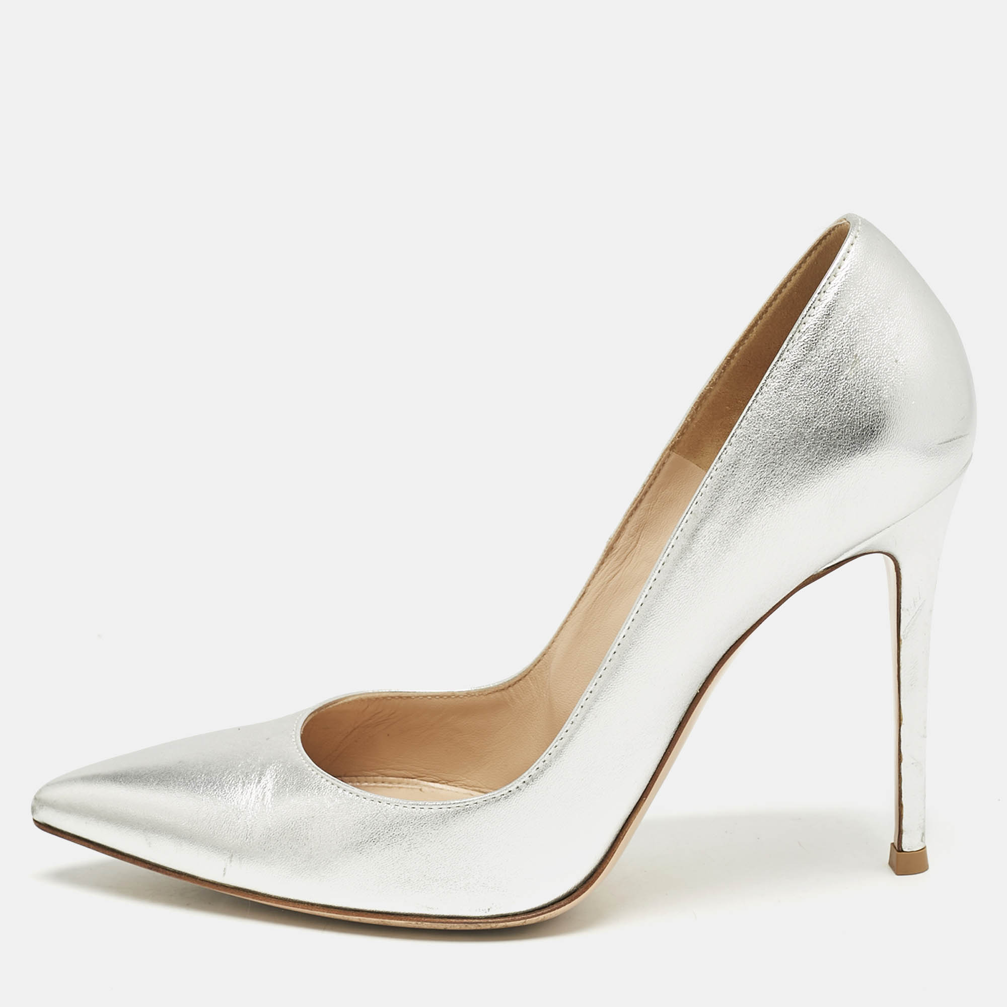 

Gianvito Rossi Silver Leather Gianvito 105 Pointed Toe Pumps Size