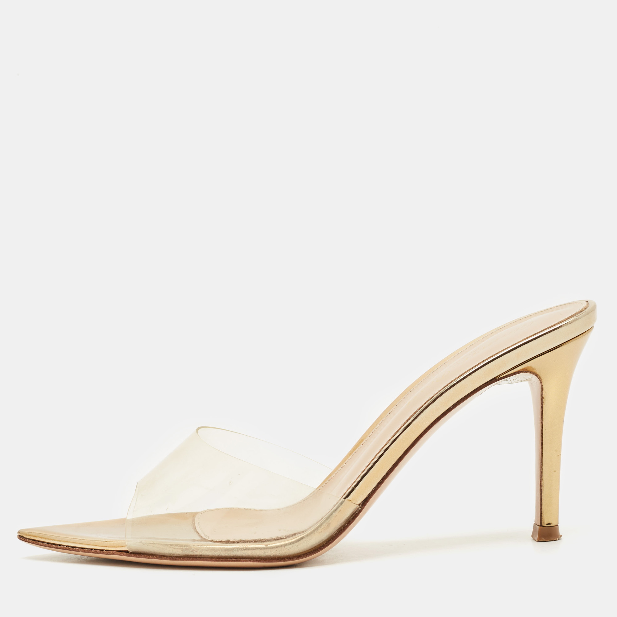 

Gianvito Rossi Gold Patent Leather and PVC Elle Slide Sandals Size