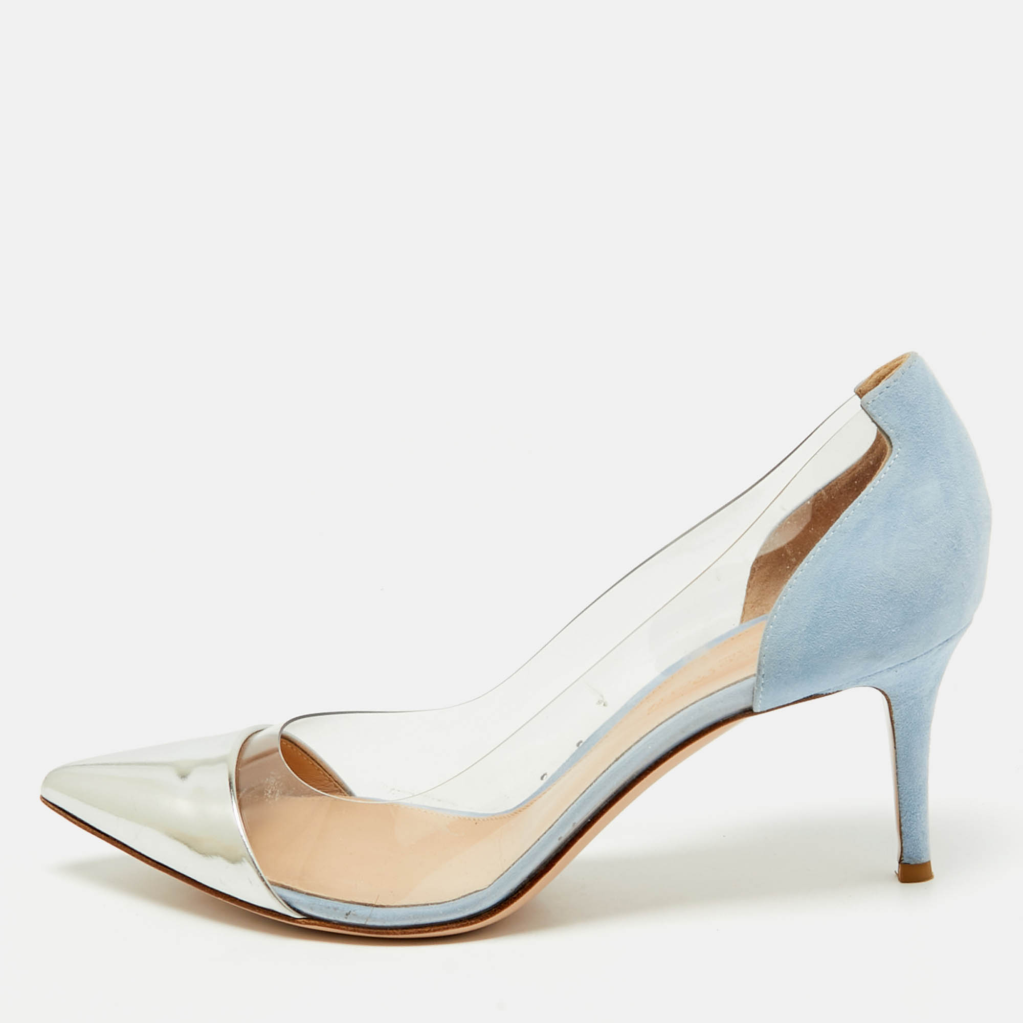 

Gianvito Rossi Silver/Blue Leather and PVC Plexi Pumps Size