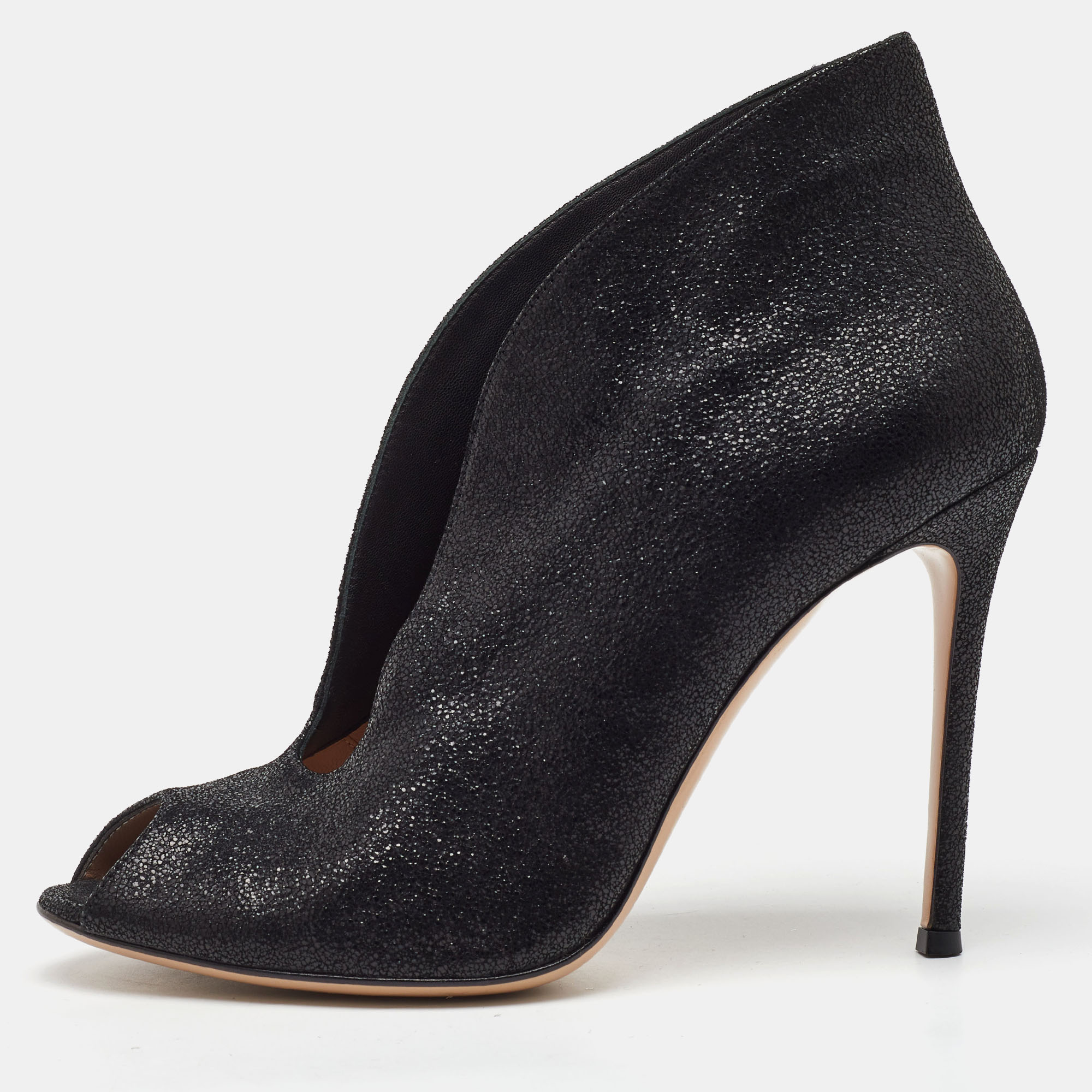 

Gianvito Rossi Black Metallic Embossed Suede Vamp Peep Toe Booties Size