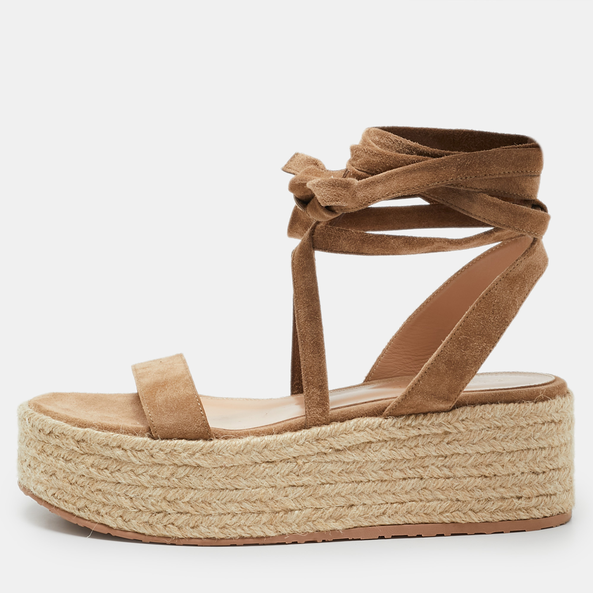 

Gianvito Rossi Beige Suede Ankle Strap Wedge Sandals Size