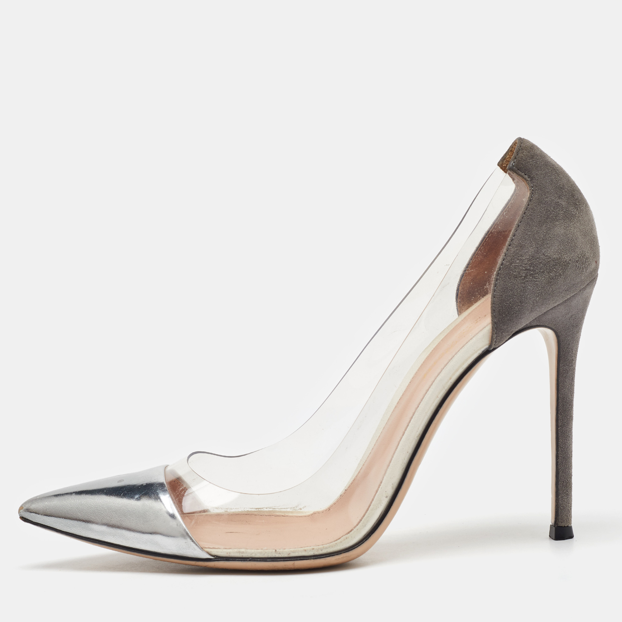

Gianvito Rossi Grey/Silver Suede, Leather and PVC Plexi Pumps Size