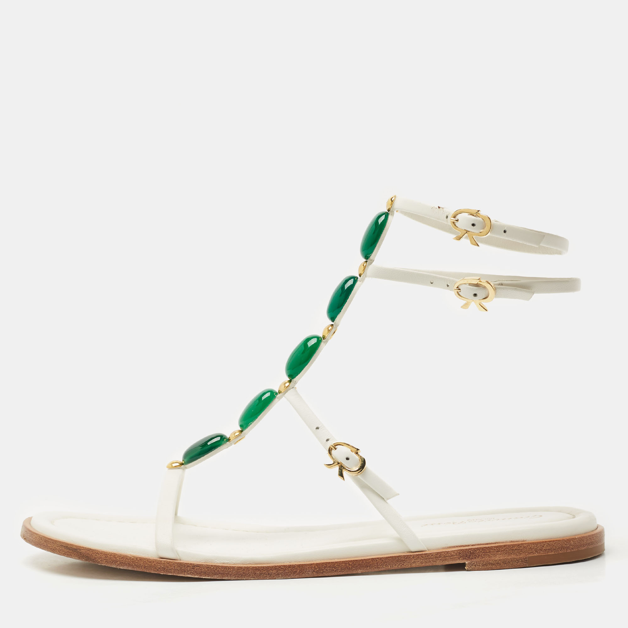 

Gianvito Rossi White Leather Embellished Flat Ankle Wrap Sandals Size