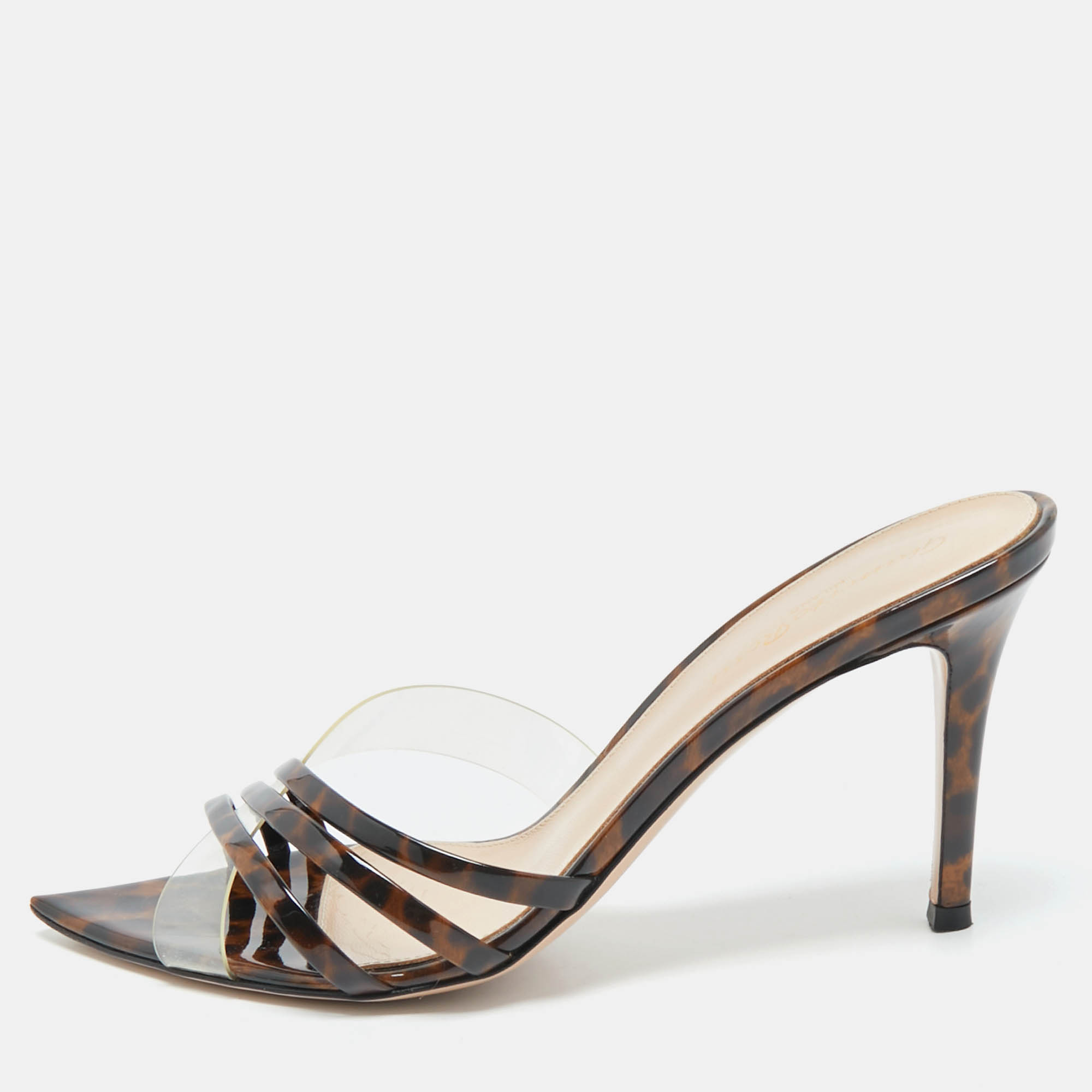 

Gianvito Rossi Transparent/Brown Patent Leather and PVC Elle Slide Sandals Size