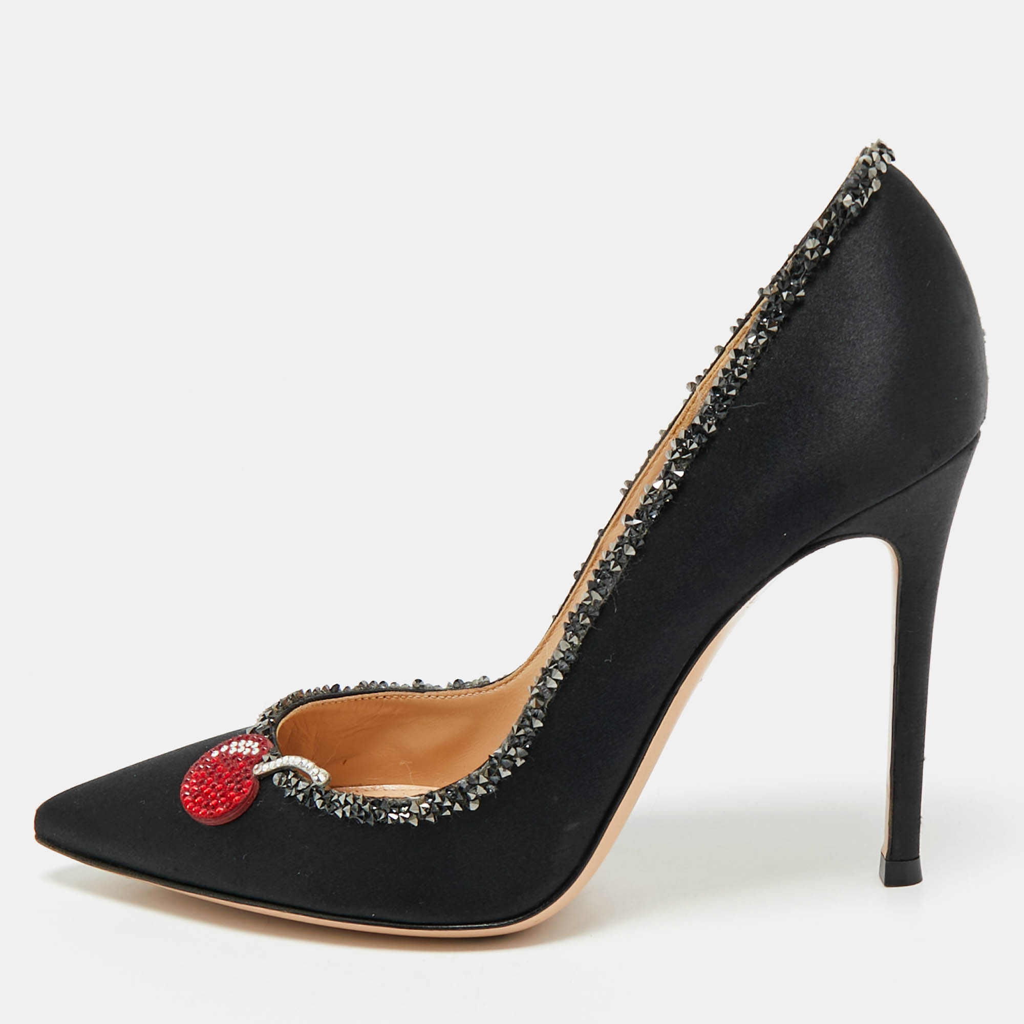 

Gianvito Rossi Black Satin Crystal Embellished Pointed Toe Pumps Size