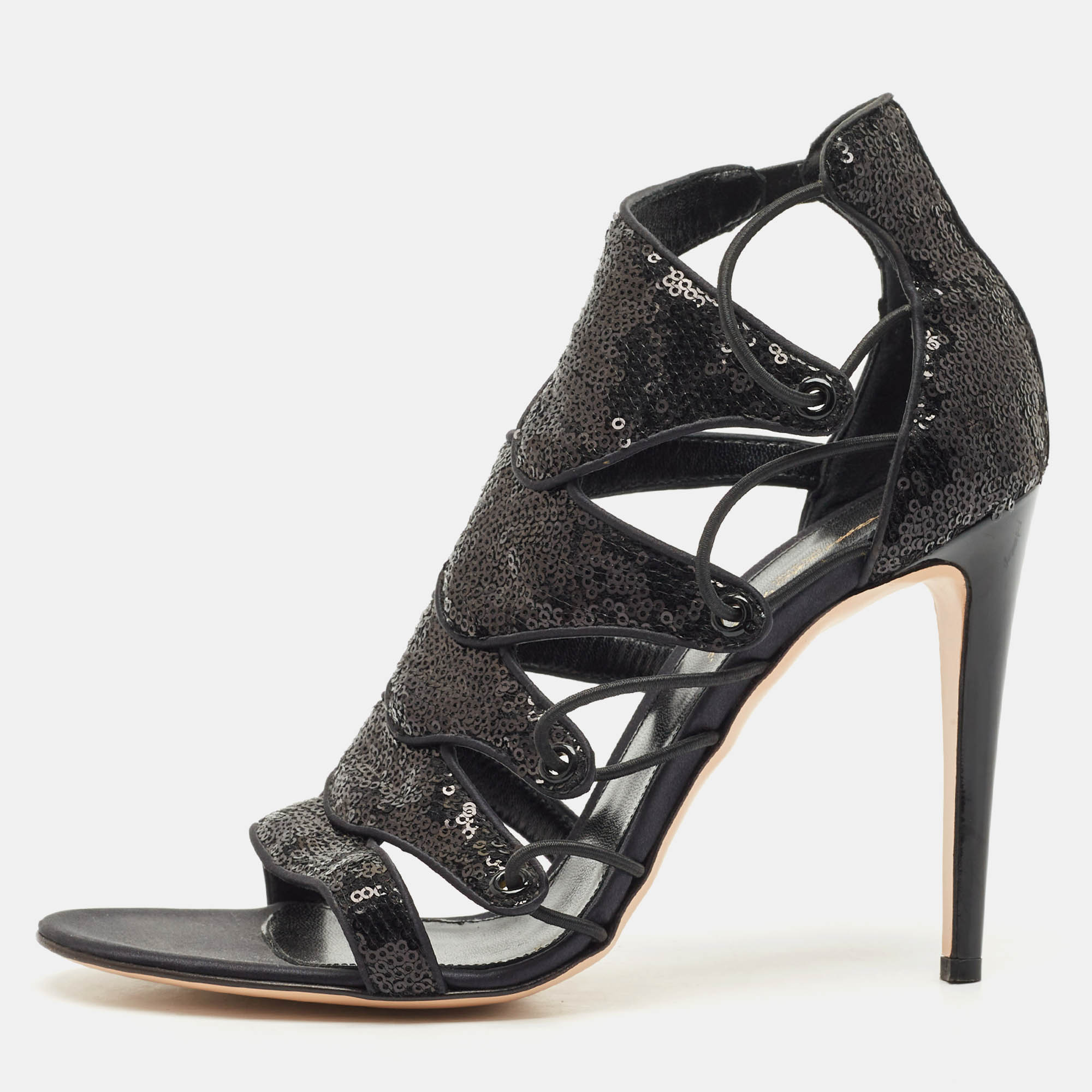 

Gianvito Rossi Black Sequins Criss Cross Strappy Sandals Size