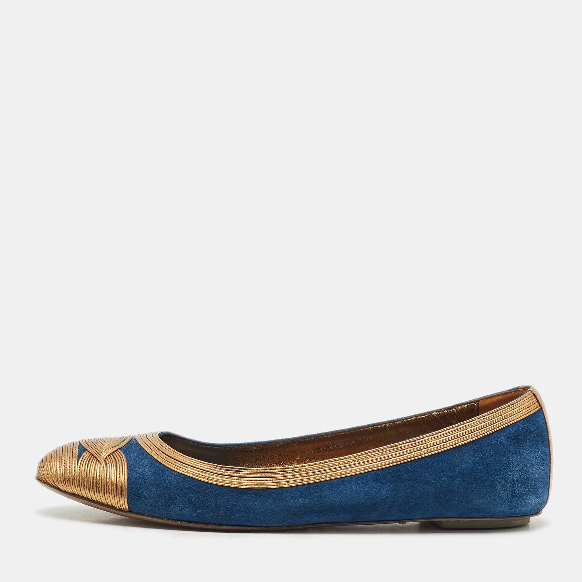 Pre-owned Gianvito Rossi Blue/gold Leather And Suede Ballet Flats Size 39