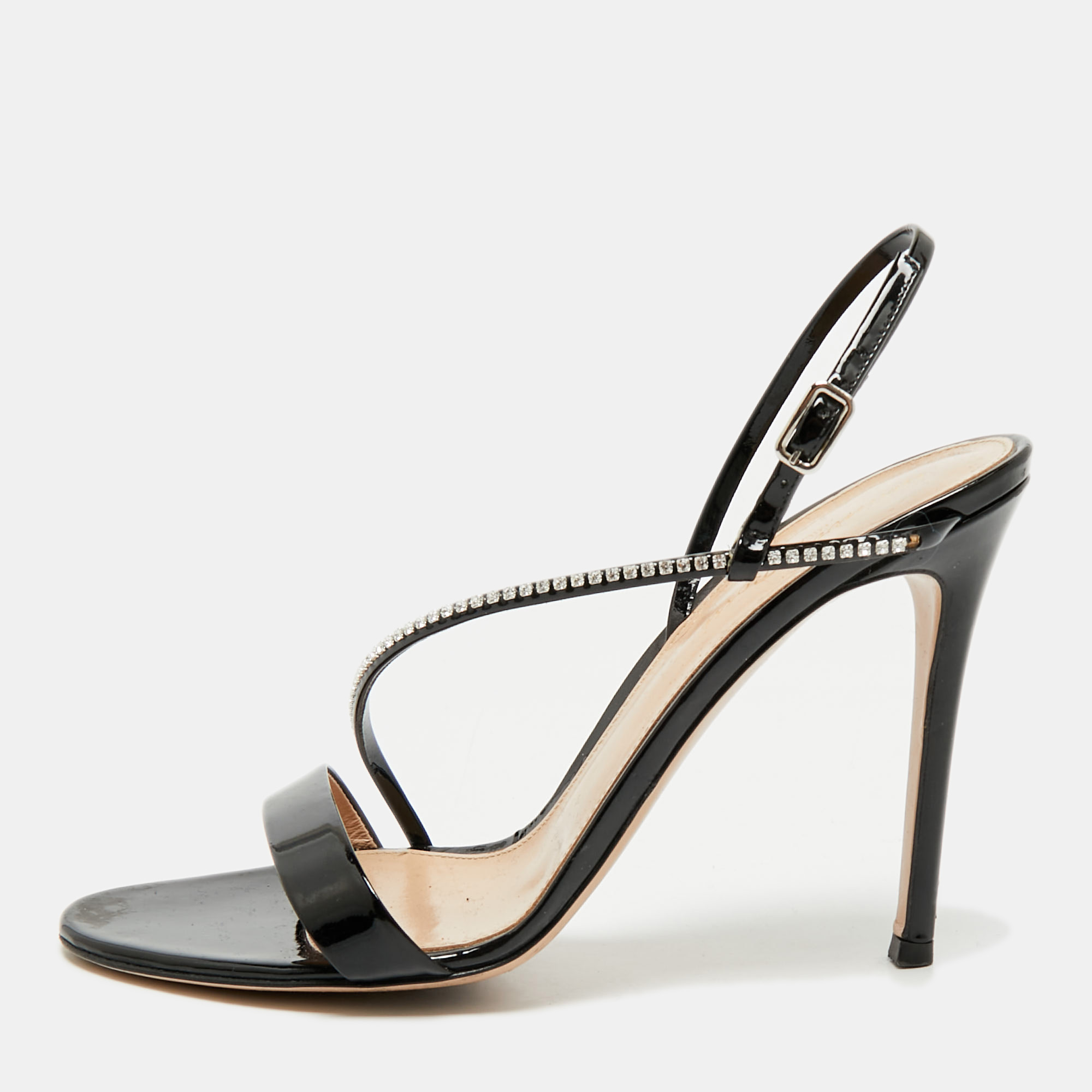 

Gianvito Rossi Black Patent Leather Crystal Embellished Slingback Sandals Size