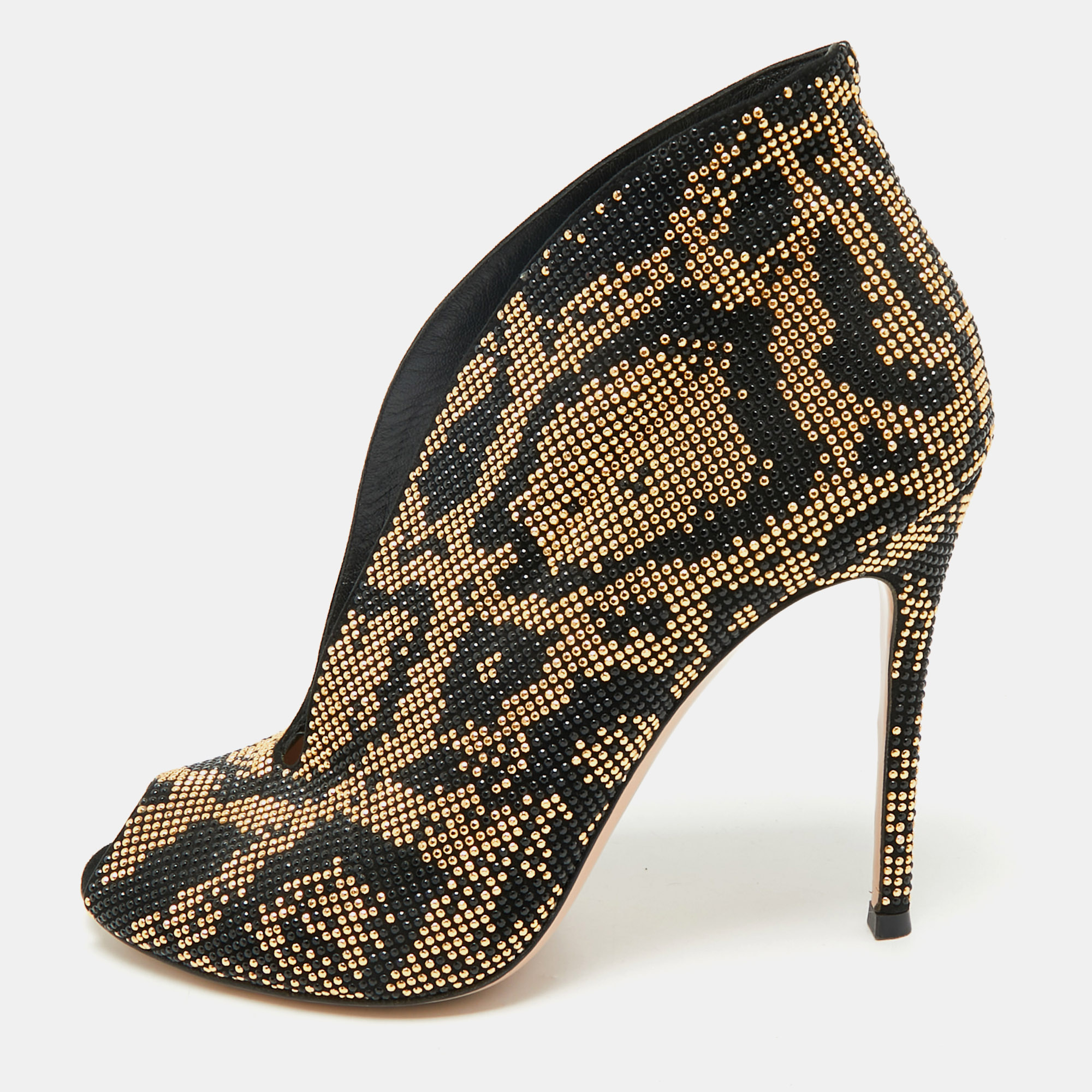 

Gianvito Rossi Black/Gold Crystal Embellished and Suede Vamp Peep Toe Booties Size