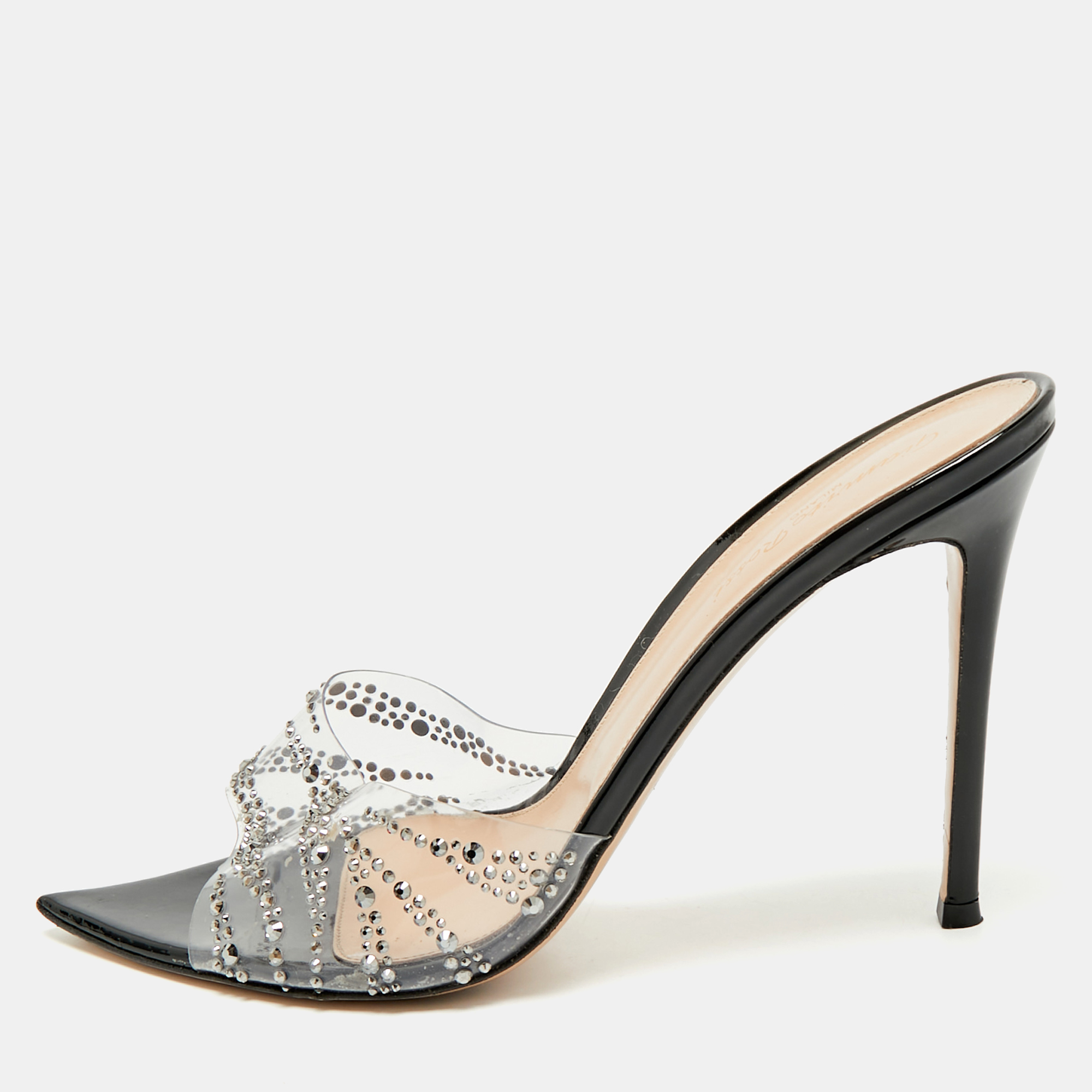 Pre-owned Gianvito Rossi Black Pvc Ellle Crystals Embellished Slide Sandals Size 41