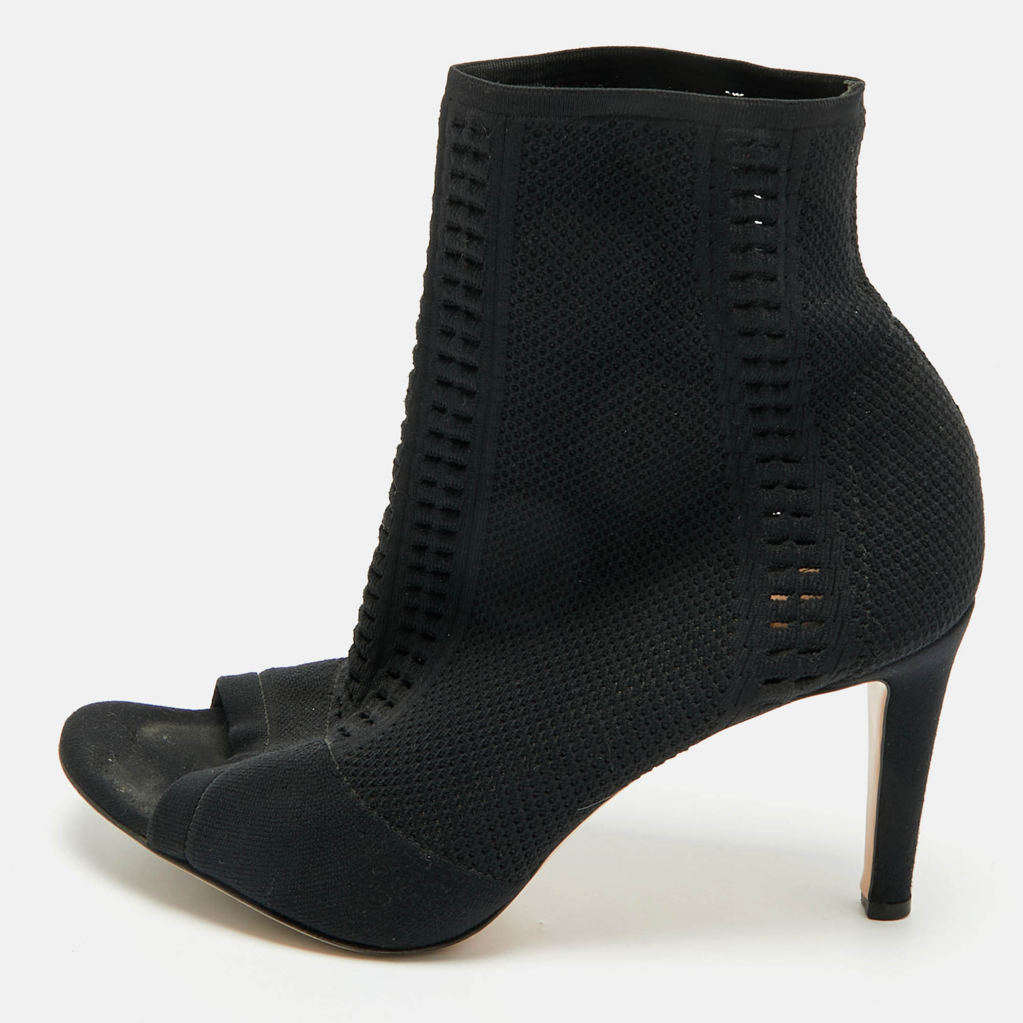 Pre-owned Gianvito Rossi Black Knit Fabric Peep Toe Ankle Length Boots Size 41
