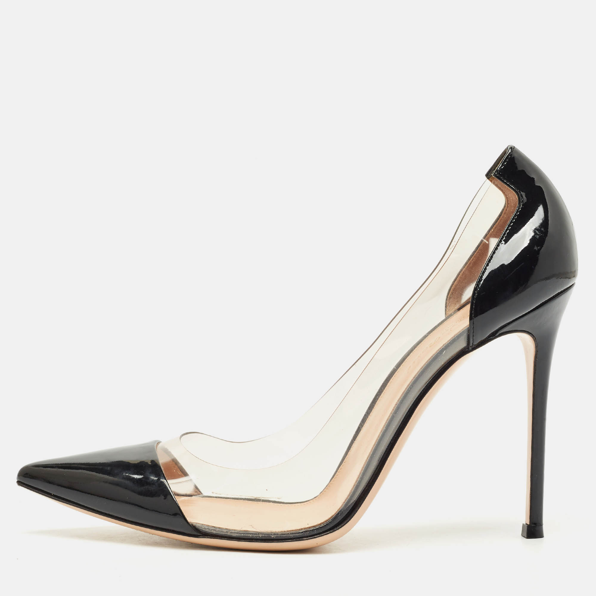 Pre-owned Gianvito Rossi Black Patent Leather And Pvc Plexi Pointed Toe Pumps Size 42