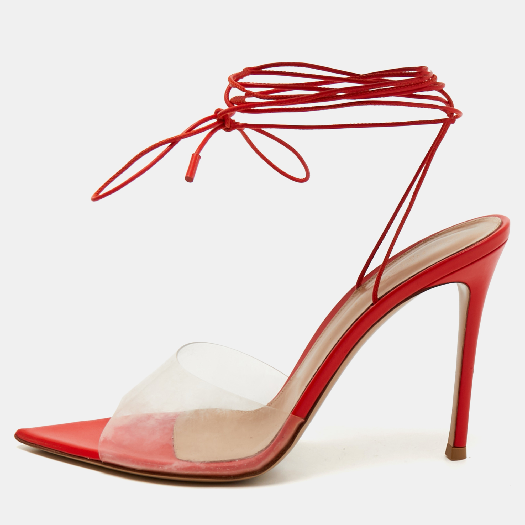 Pre-owned Gianvito Rossi Red/transparent Leather And Pvc Skye Ankle Tie Sandals Size 39.5