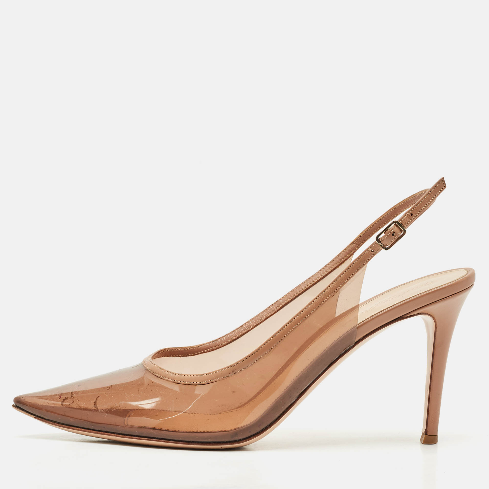

Gianvito Rossi Brown Leather and PVC Kyle Pointed Toe Slingback Pumps Size